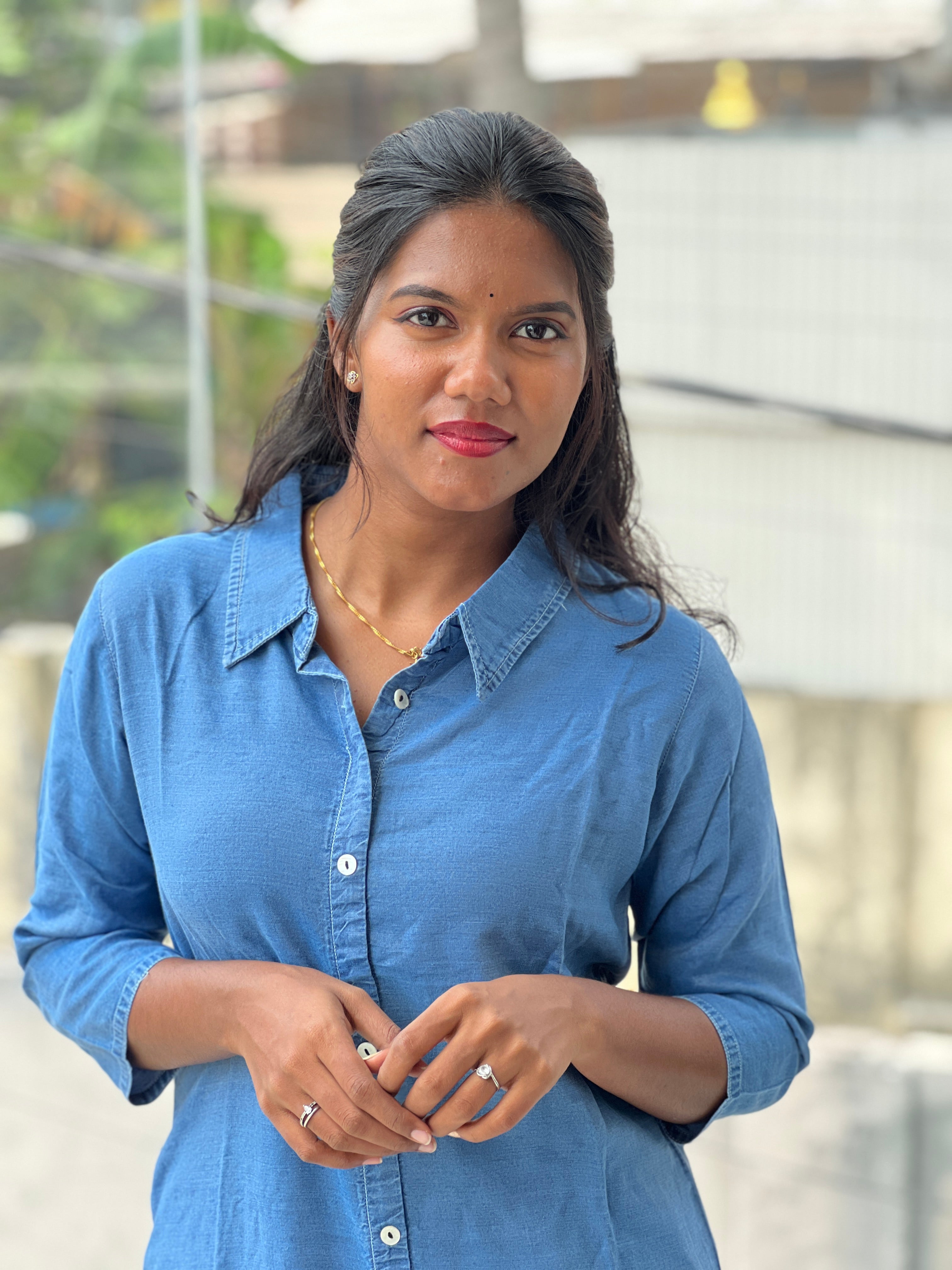 Embroidery Detailed Denim Cotton Kurta Set | OMF101