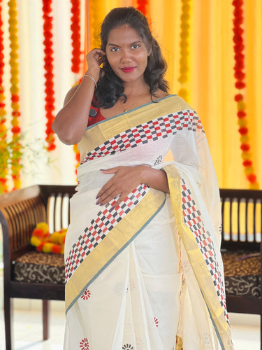 Hand Block Printed Kerala Cotton Saree | KL365