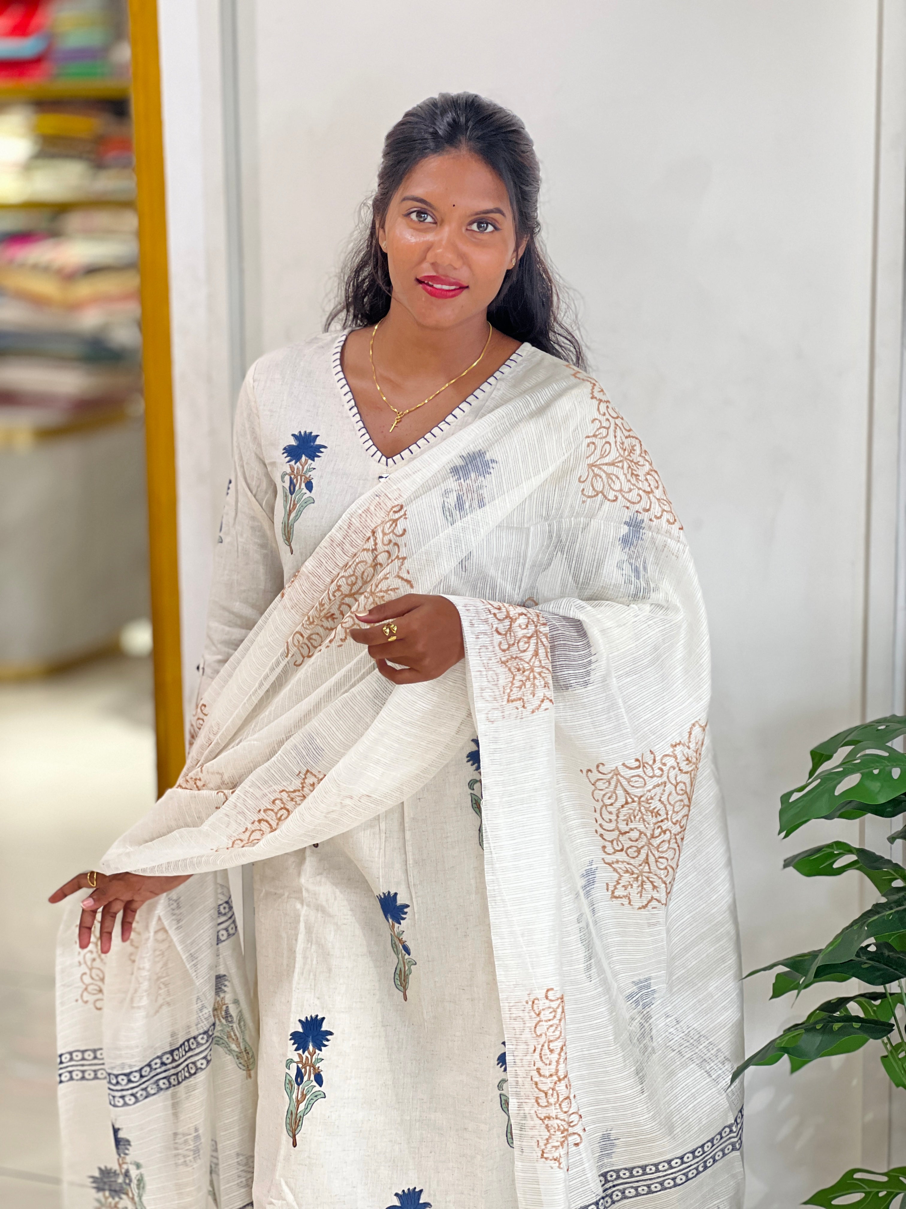 Block Printed Linen Cotton Kurta Set | OMF127