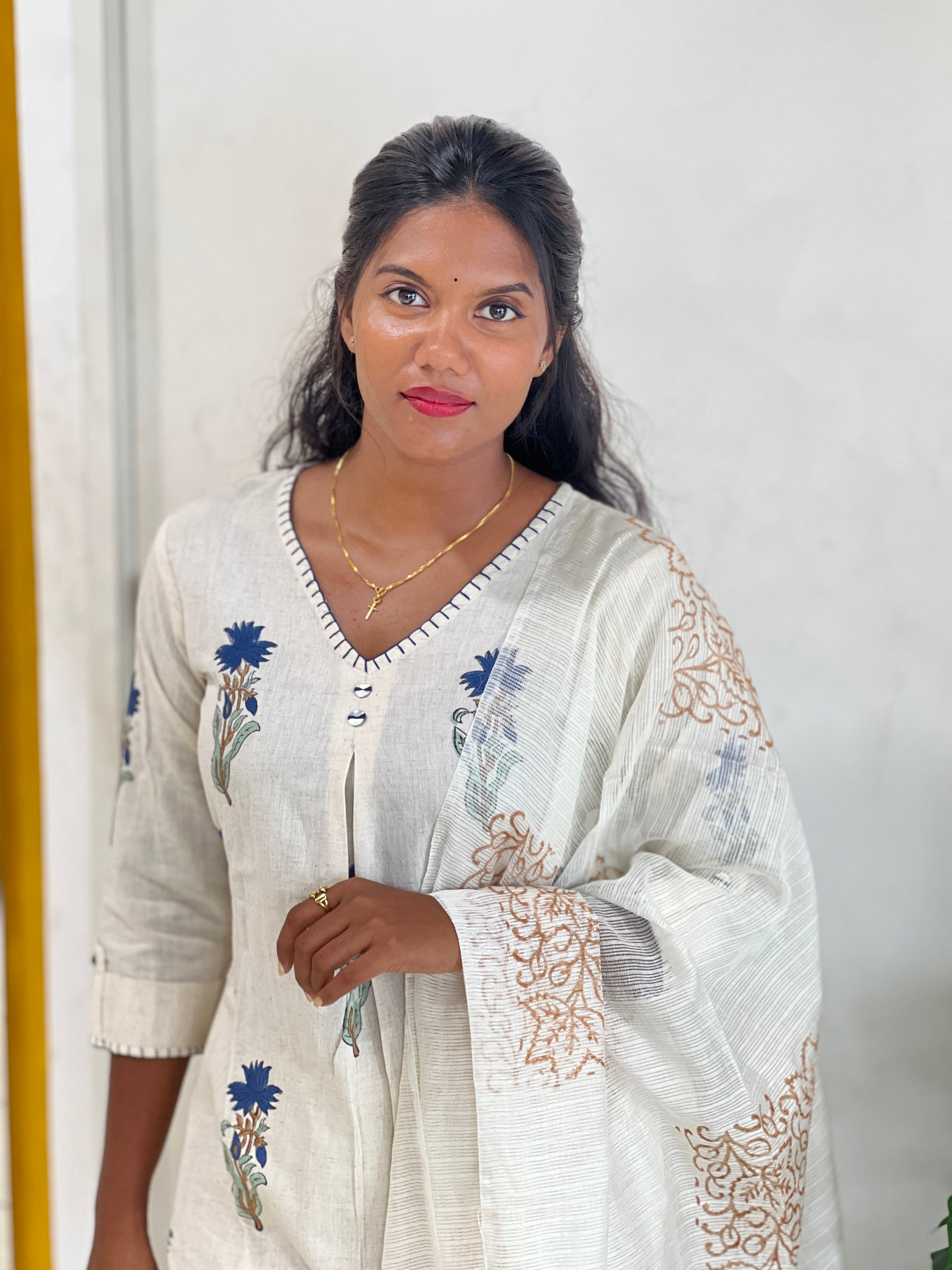 Block Printed Linen Cotton Kurta Set | OMF127
