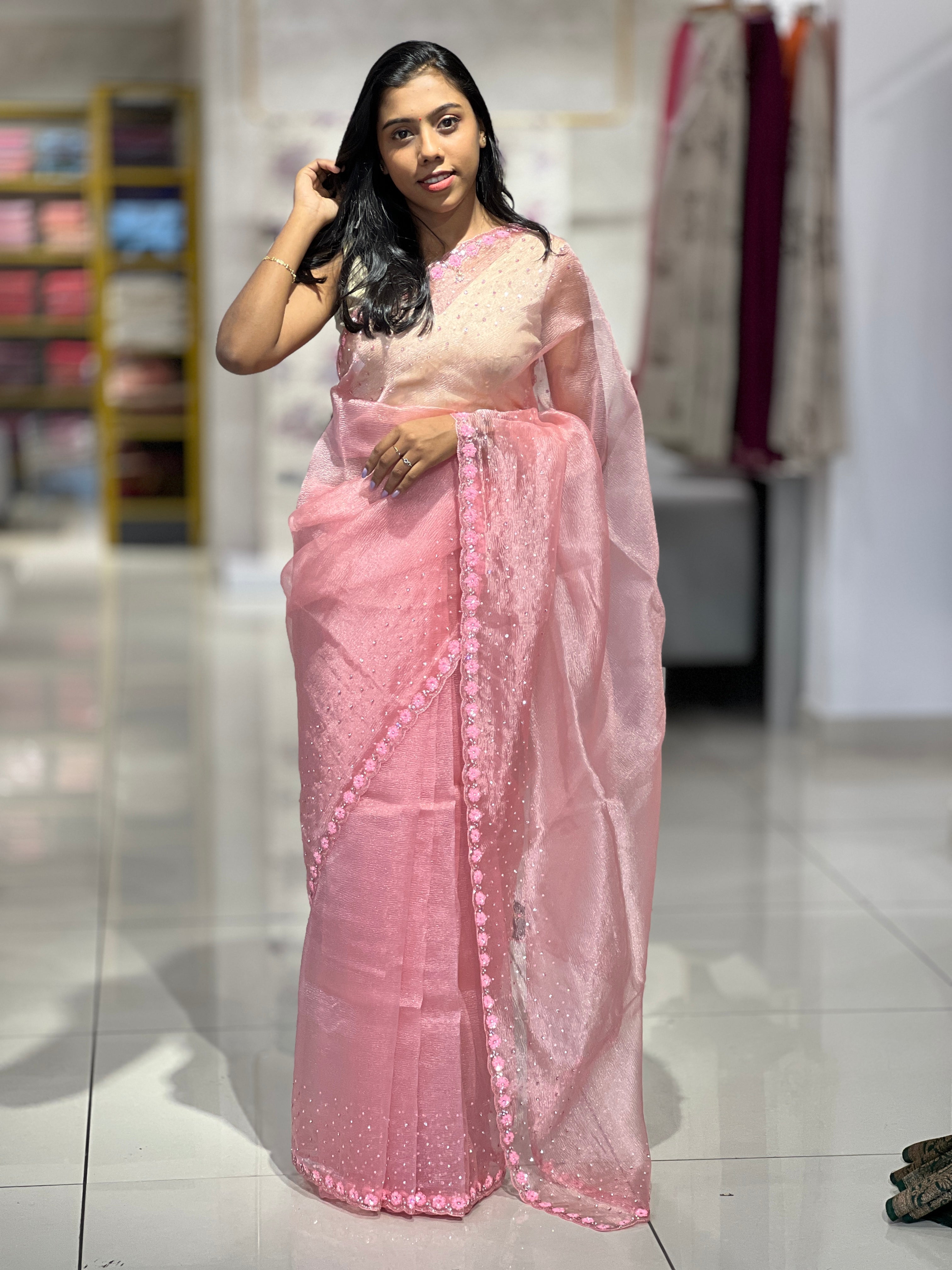 Embroidered Crushed Organza Saree | SBP697