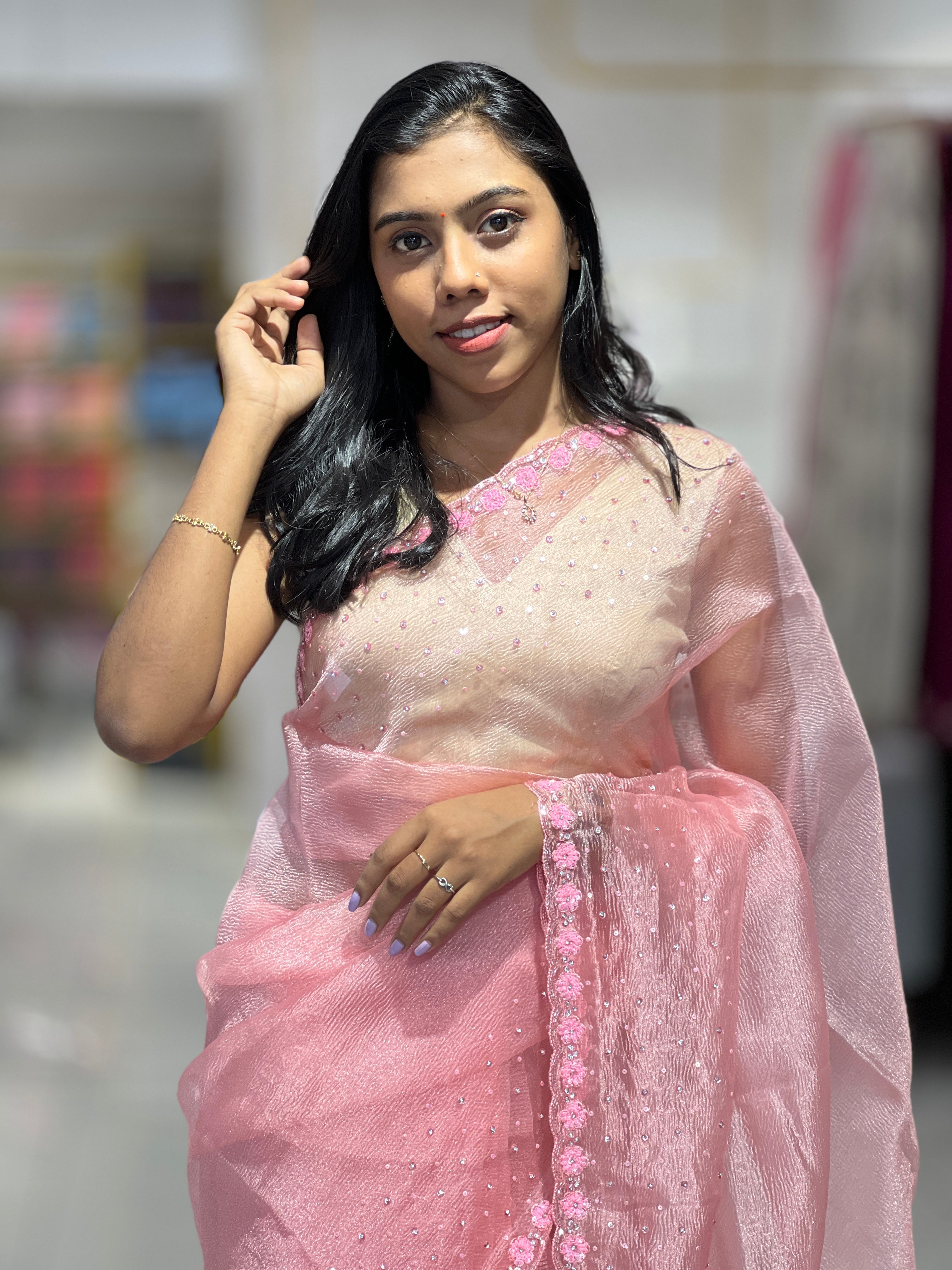 Embroidered Crushed Organza Saree | SBP697