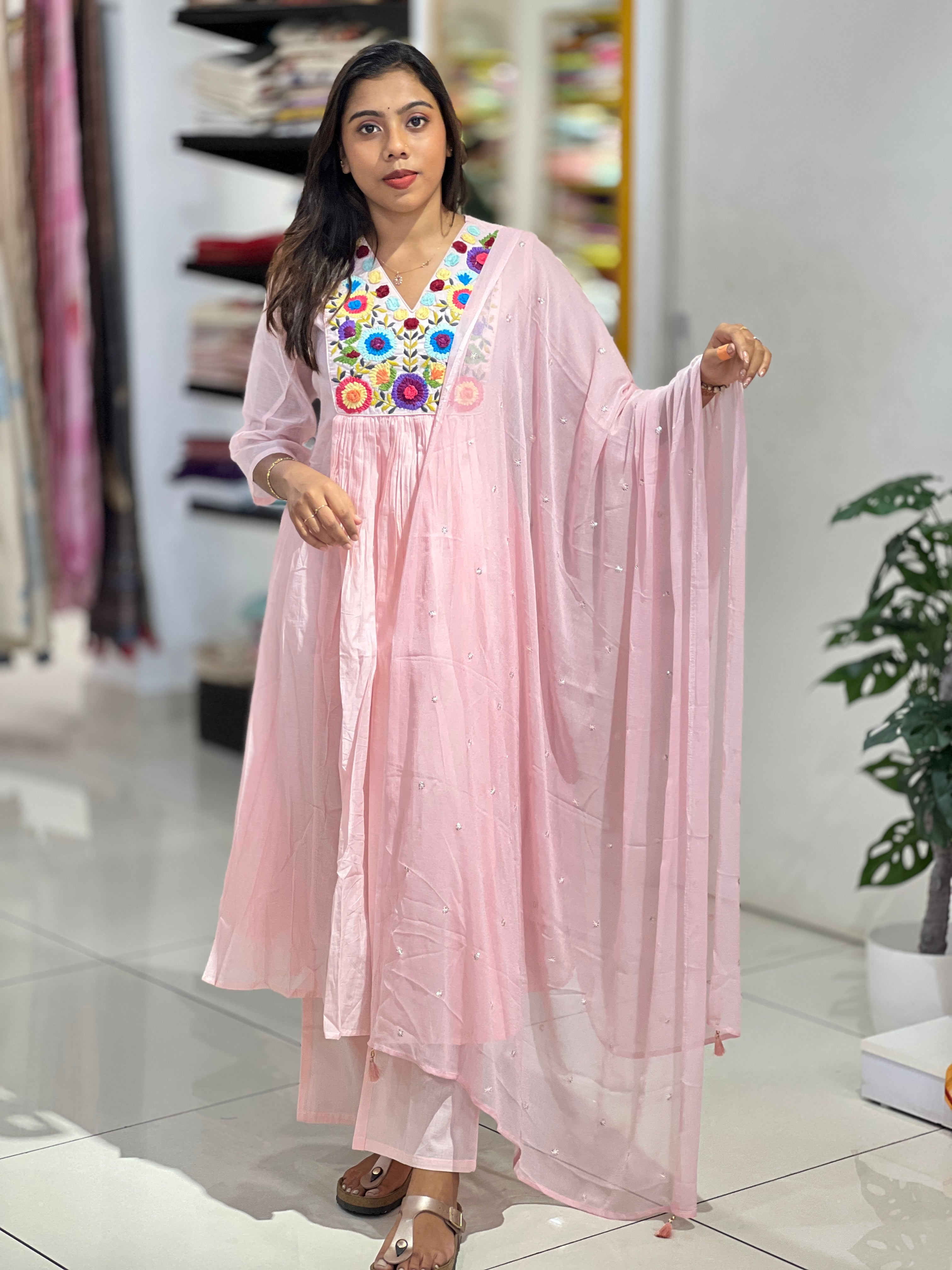 Multi Colour Floral Embroidery Pure Chanderi Kurta Set | PGI290