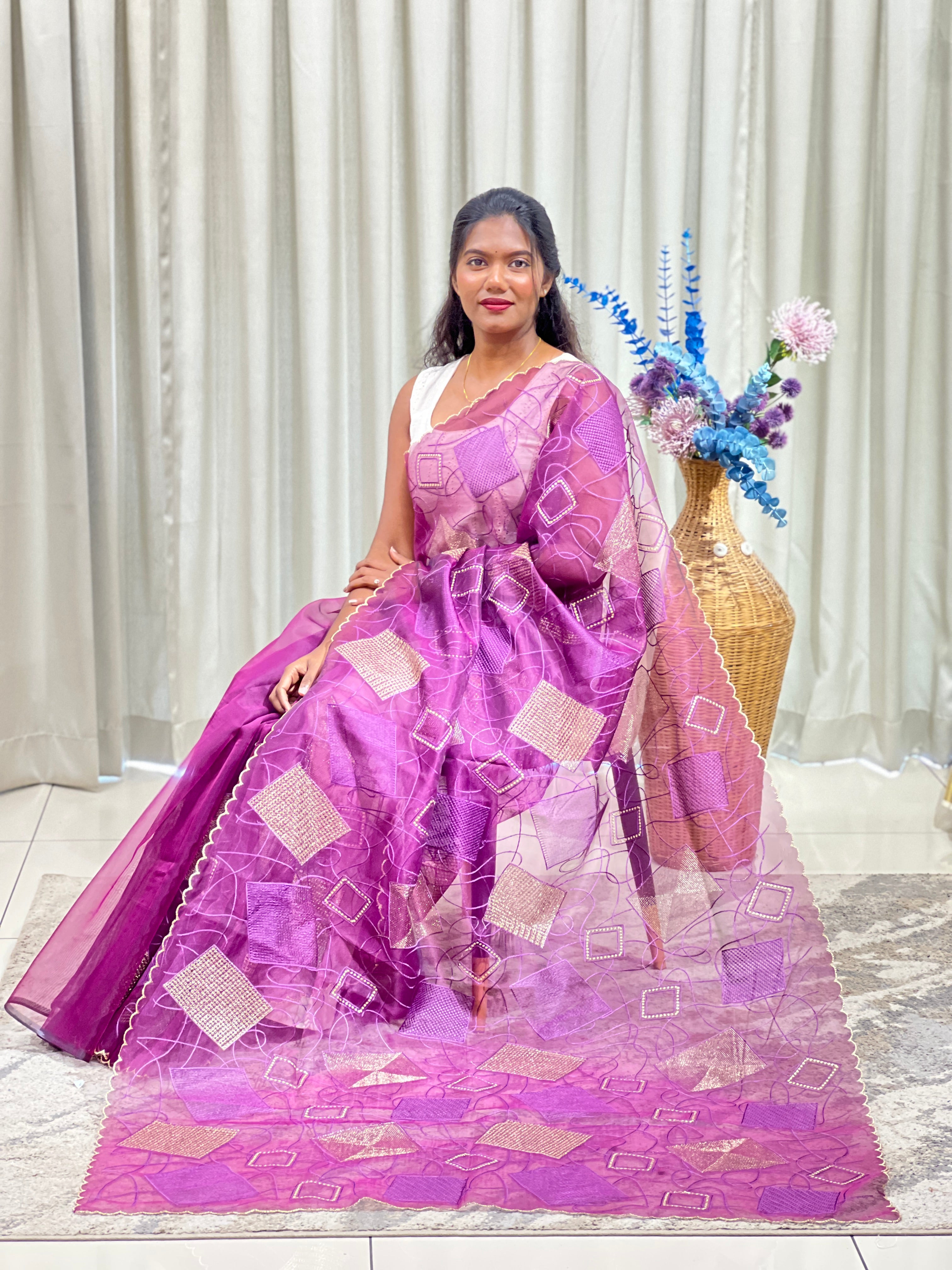 Floral Embroidered Organza Saree | ZSS449