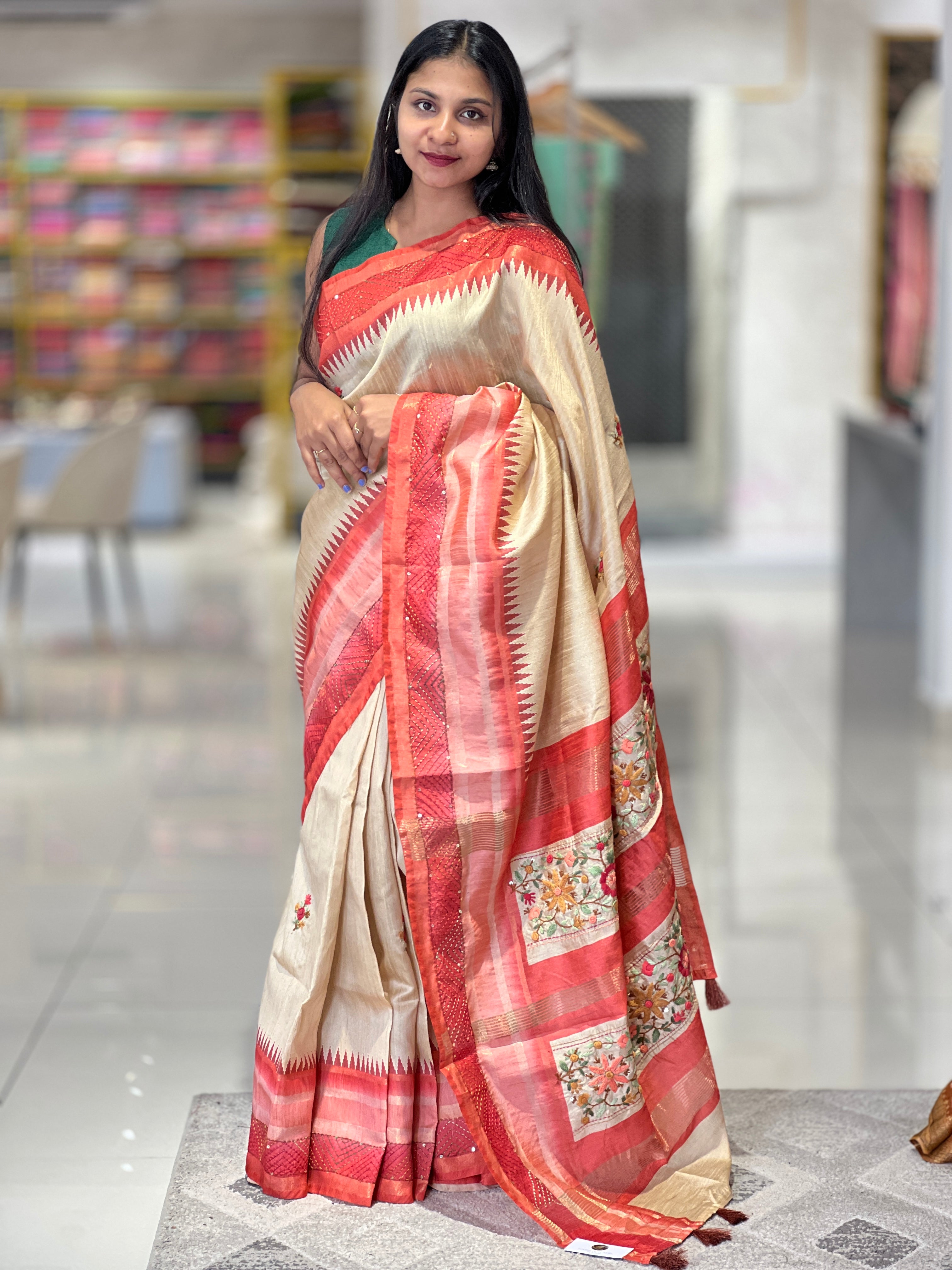 Floral Embroidered Tussar Finish Saree | BLD571