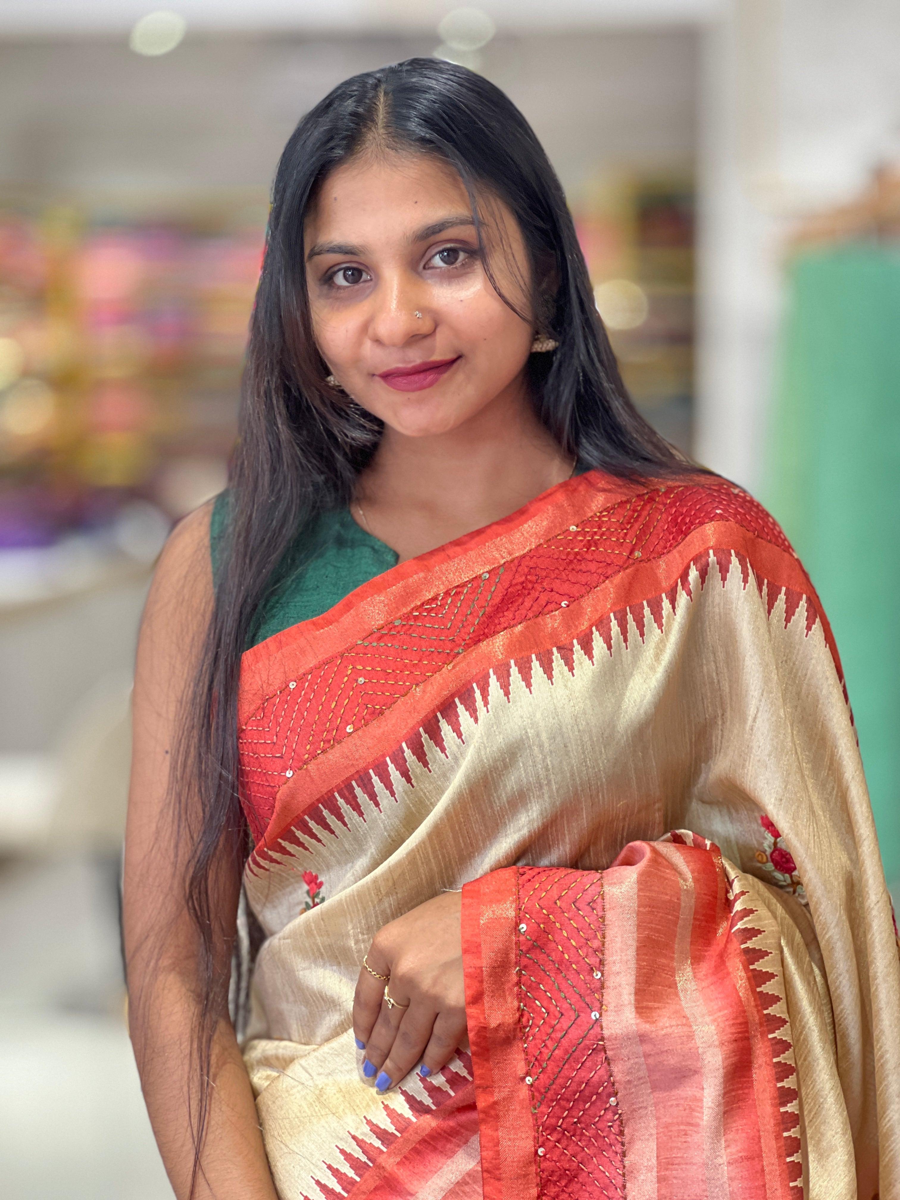 Floral Embroidered Tussar Finish Saree | BLD571
