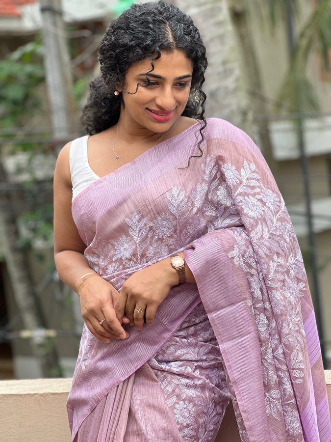 Computerized Floral Embroidery Bhagalpuri Linen Saree | NHH184