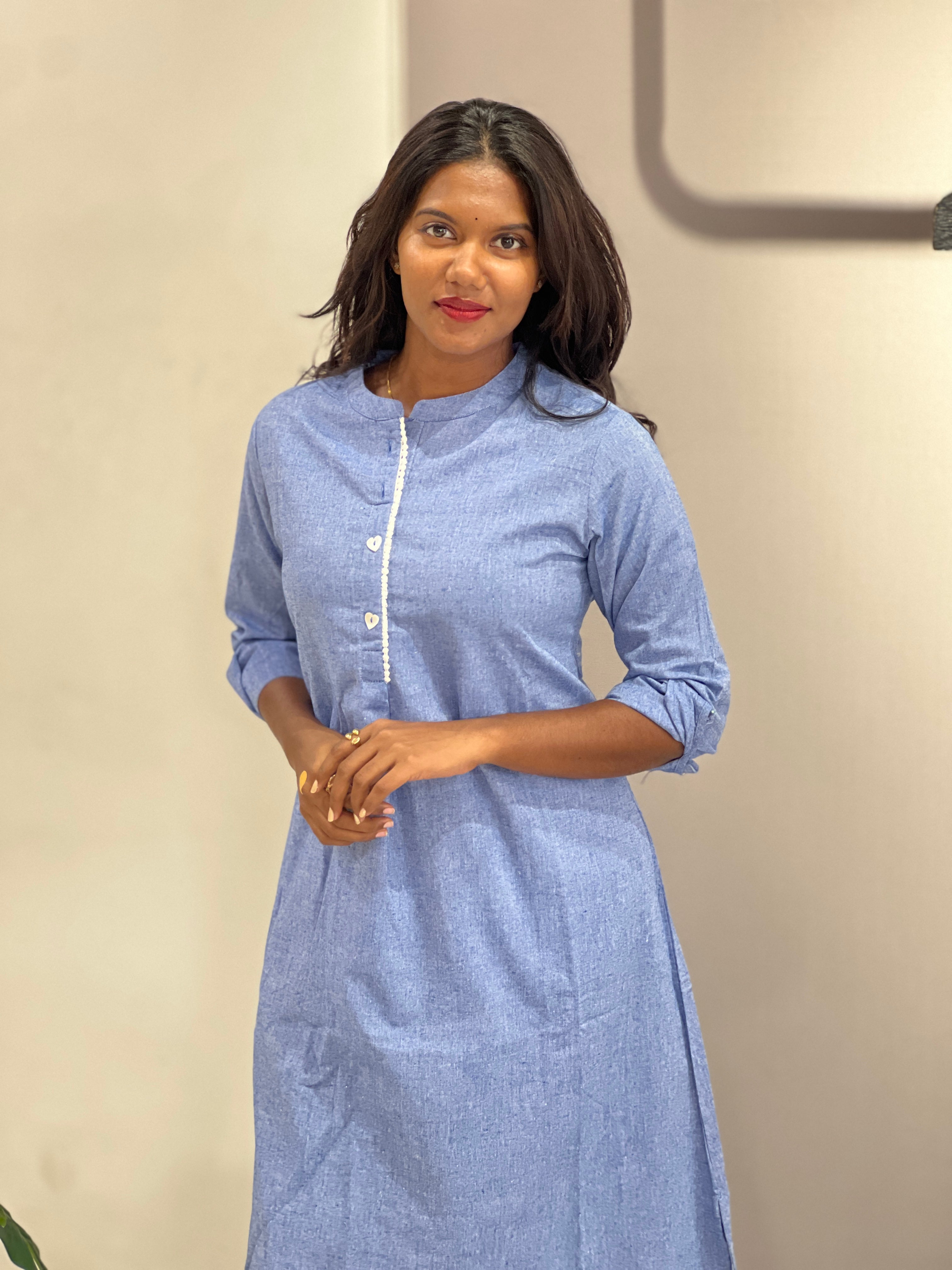 Lace Detailed Solid Denim Cotton Kurta Set | OMF120