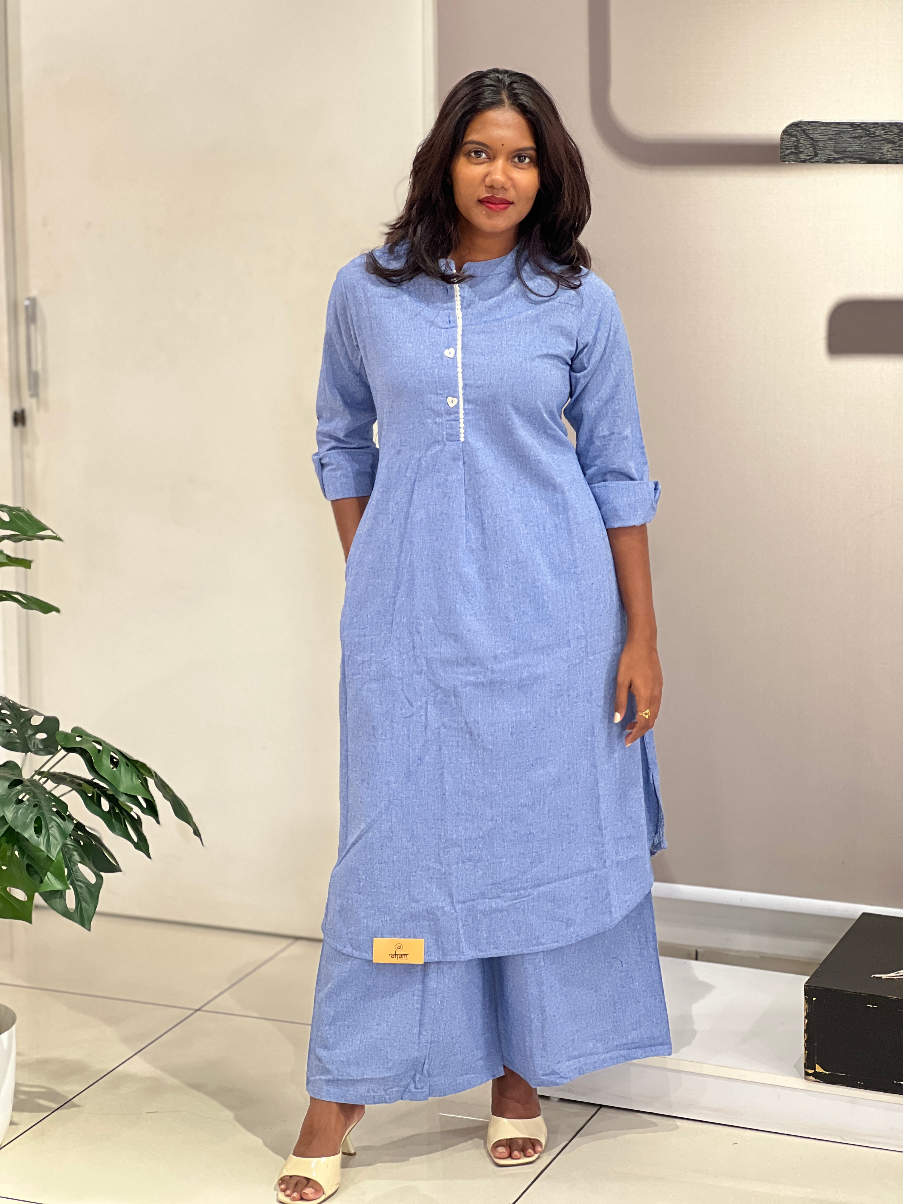 Lace Detailed Solid Denim Cotton Kurta Set | OMF120