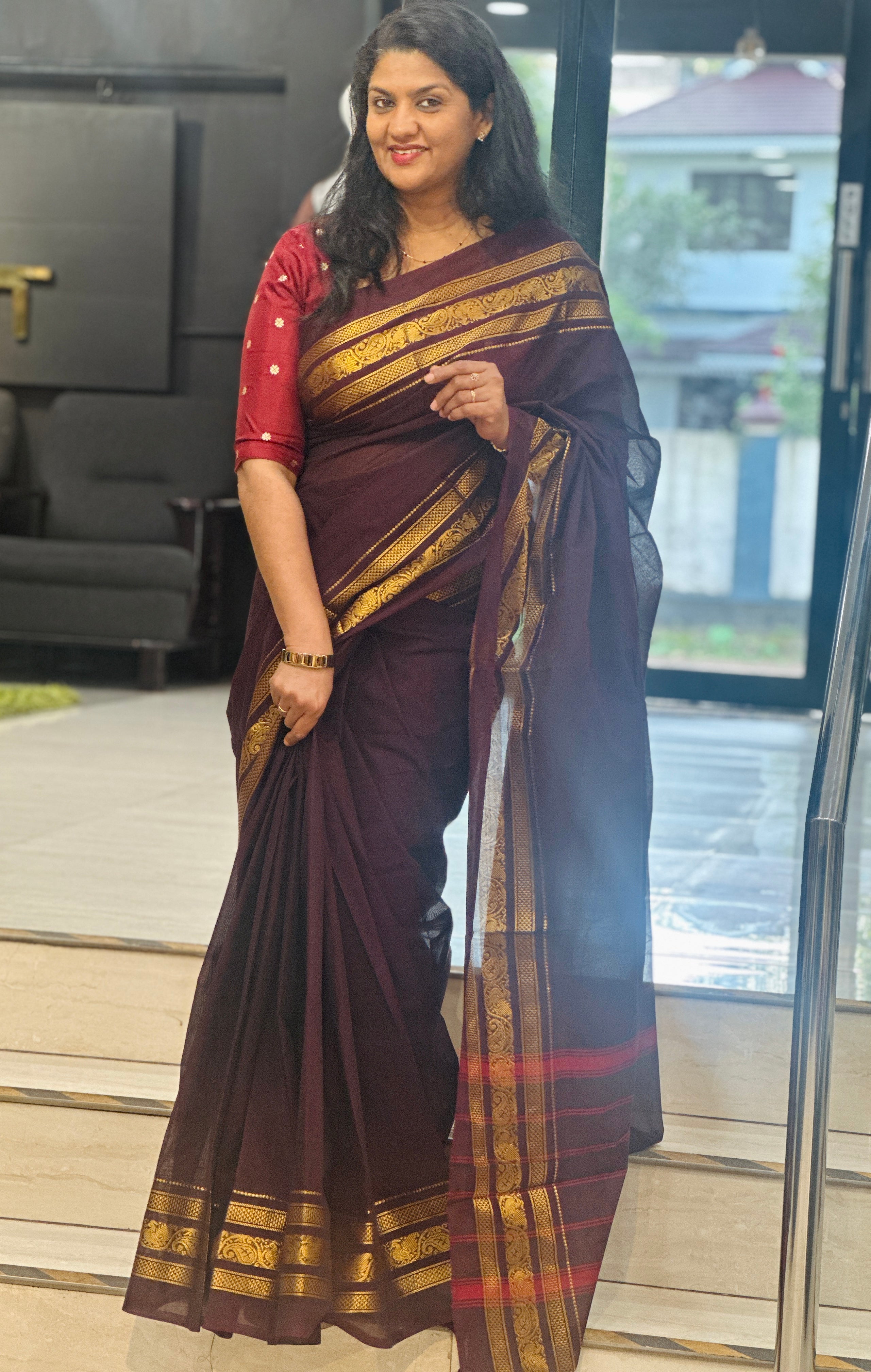 Golden Zari Border PatternKanchi Cotton Saree | GAT607