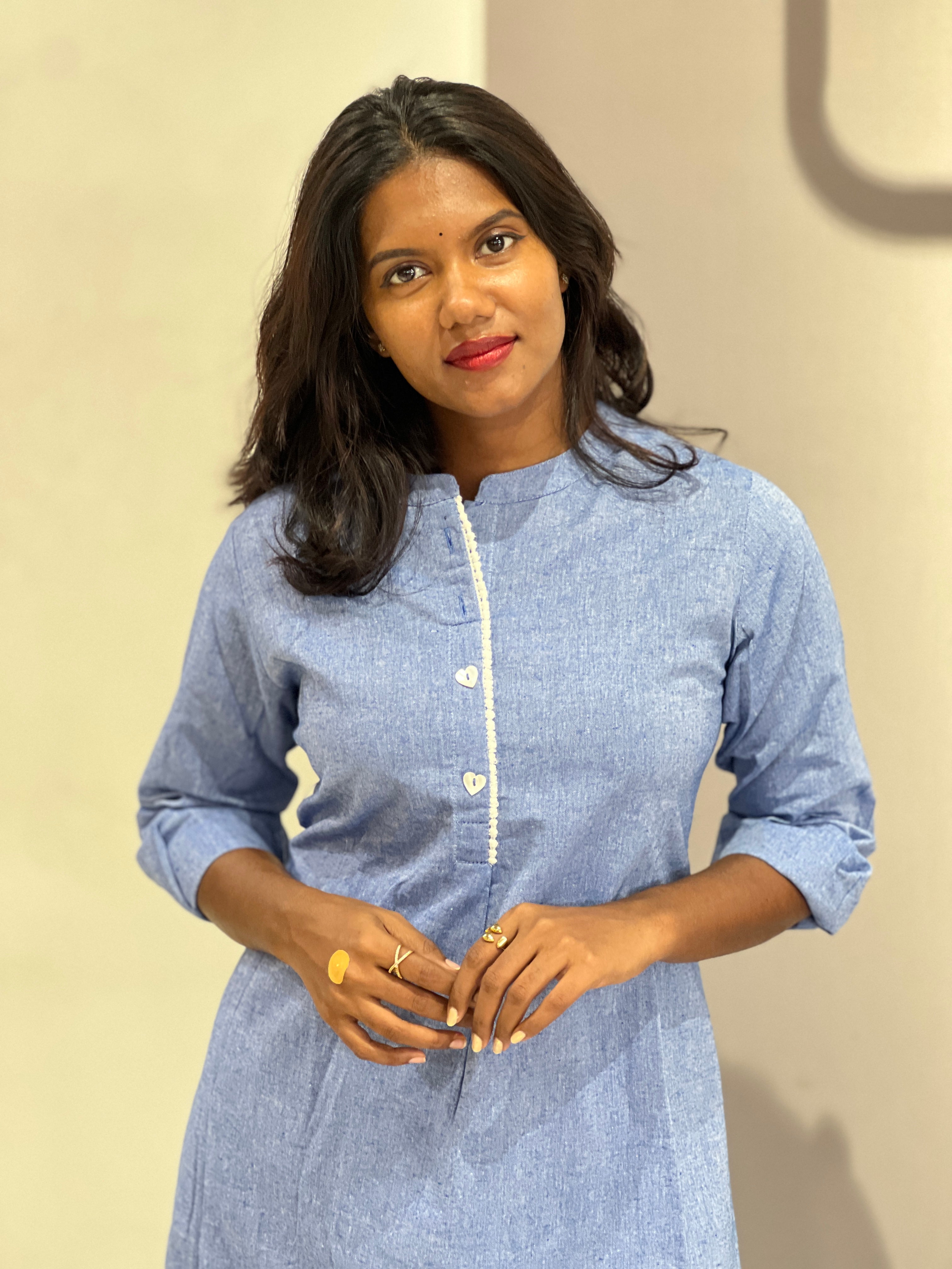 Lace Detailed Solid Denim Cotton Kurta Set | OMF120