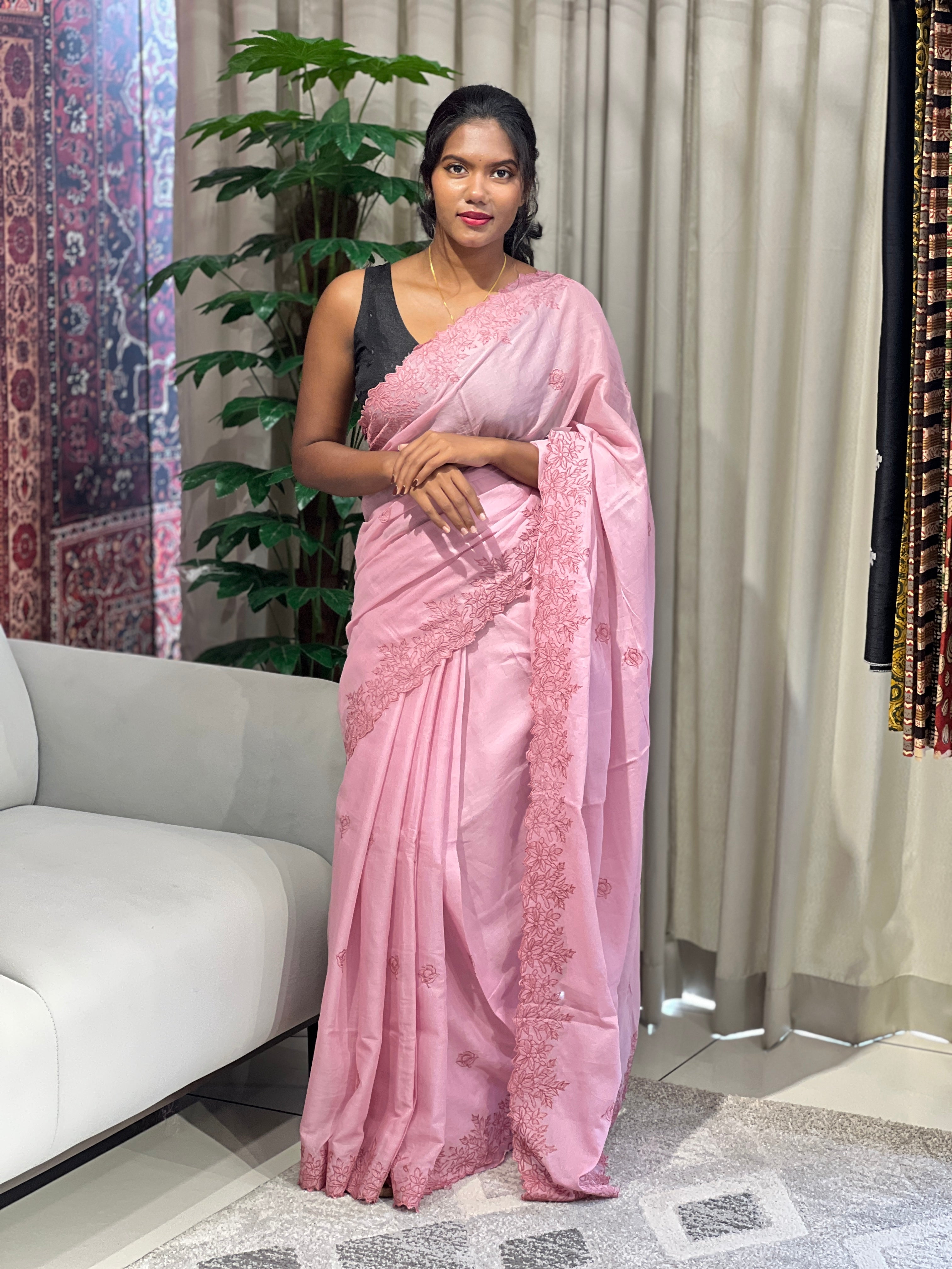 Floral Machine Embroidery Detailed Mulmul Cotton Saree | VDA289