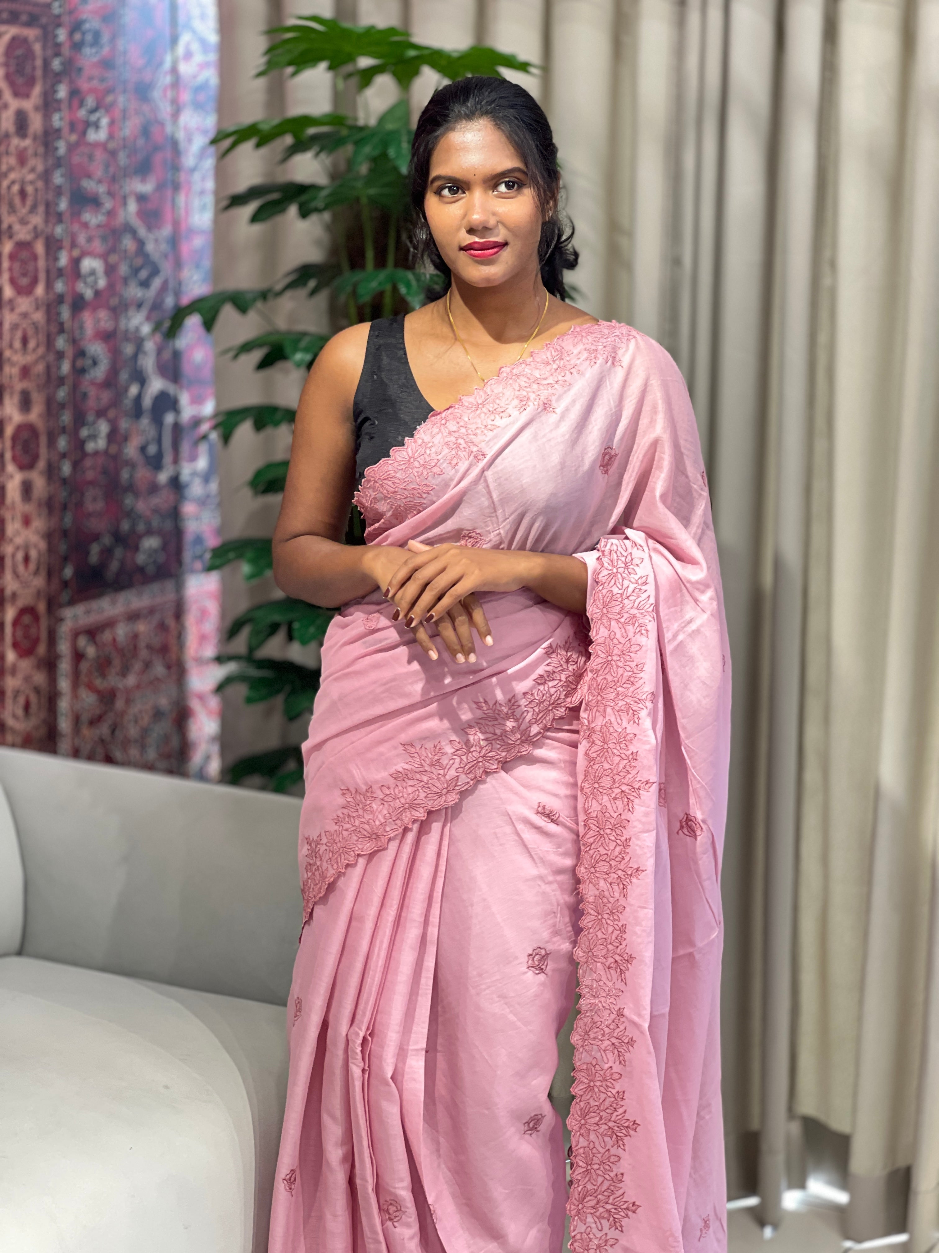 Floral Machine Embroidery Detailed Mulmul Cotton Saree | VDA289