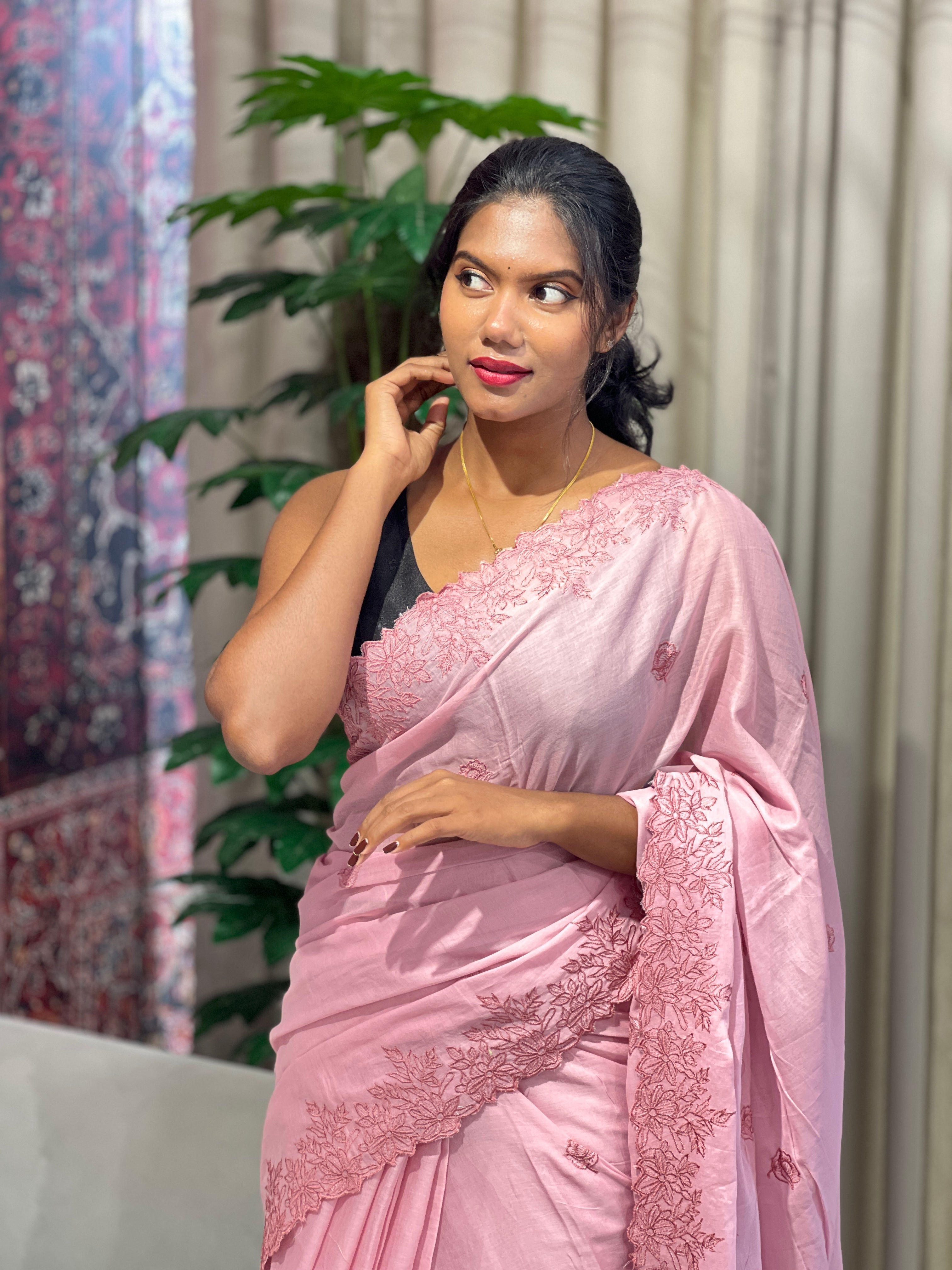 Floral Machine Embroidery Detailed Mulmul Cotton Saree | VDA289