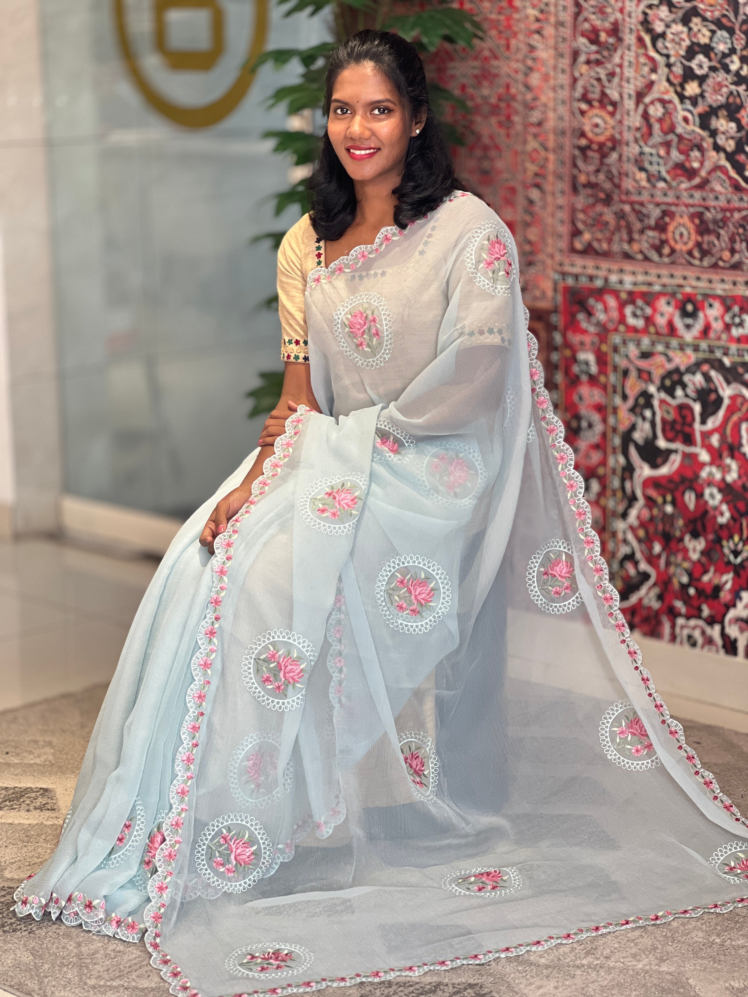 Floral Embroidered Crushed Shimmer Chiffon Saree | SBP686