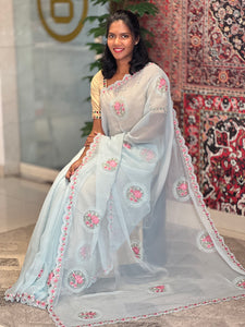 Floral Embroidered Crushed Shimmer Chiffon Saree | SBP686