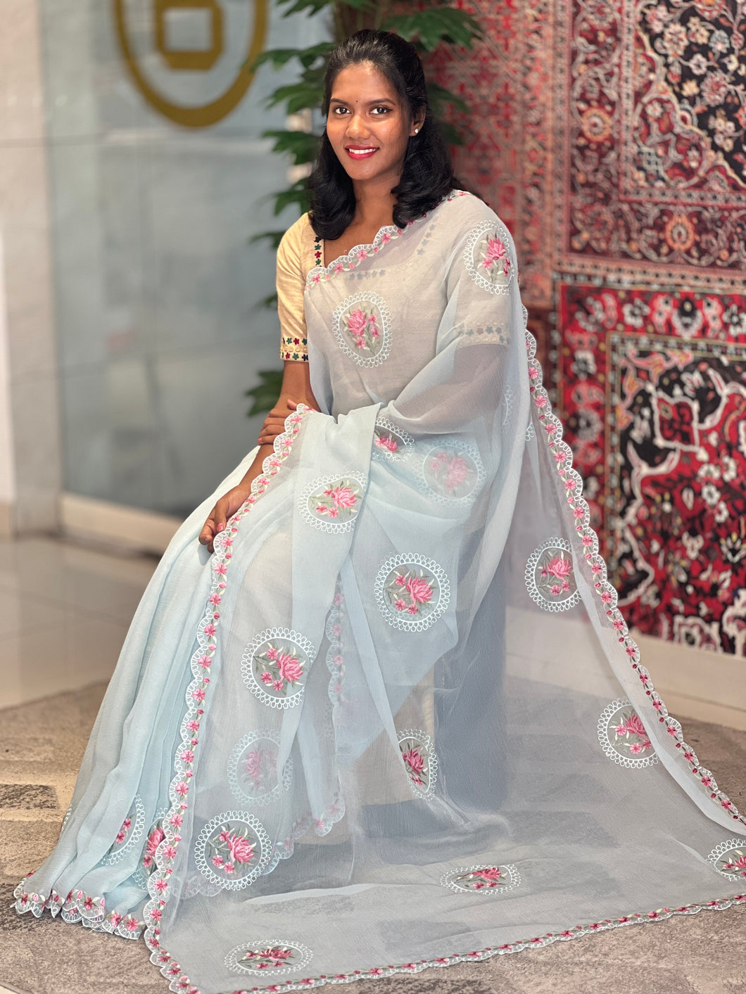 Floral Embroidered Crushed Shimmer Chiffon Saree | SBP686