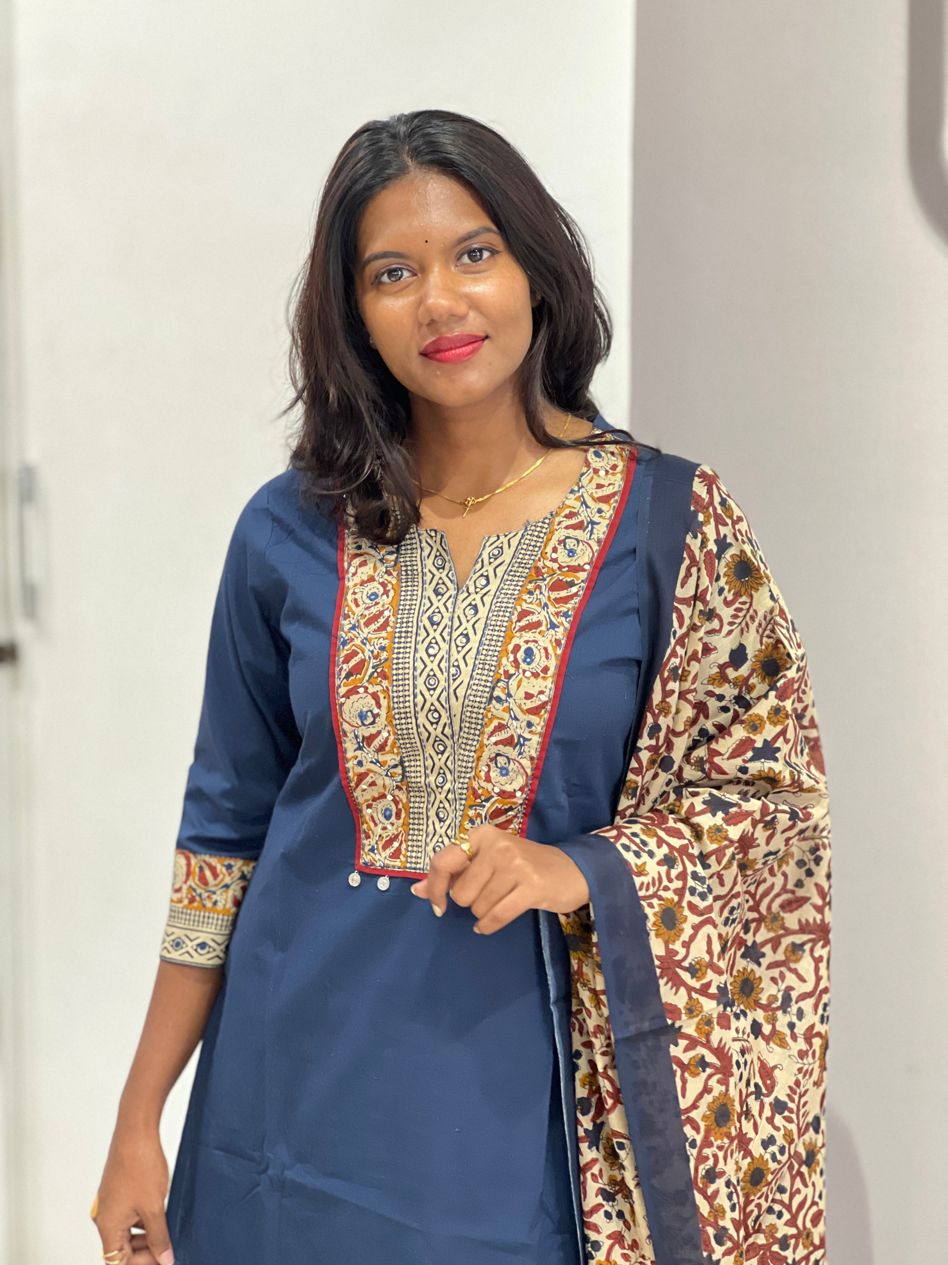 Block Printed Patch Detailed Cotton Kurta Set | OMF122