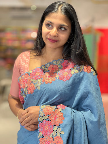 Floral Embroidered Geecha Tussar Saree | BLD686
