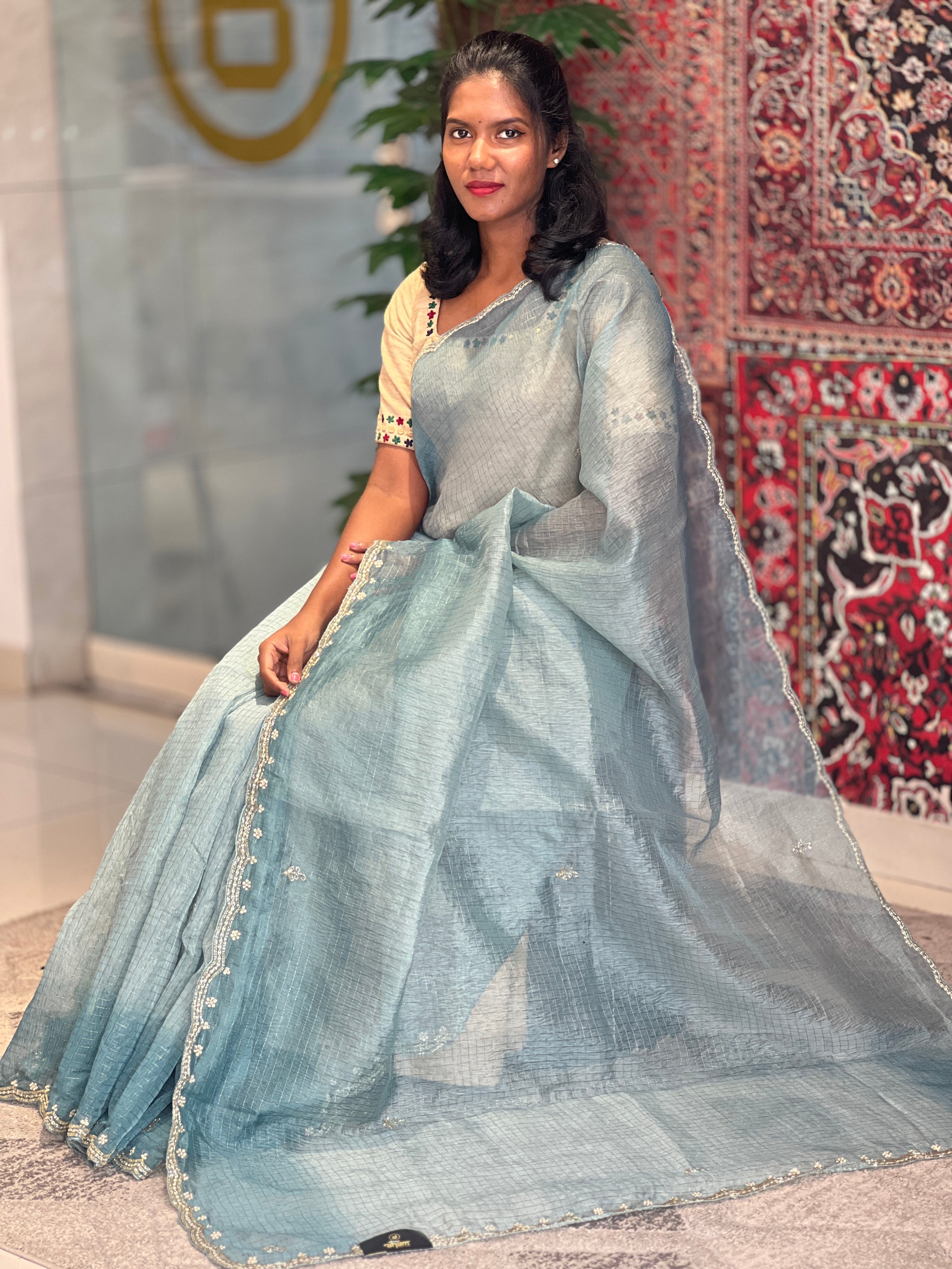 Golden Zari Weaving Check Pattern Crushed Organza Saree | DVS200