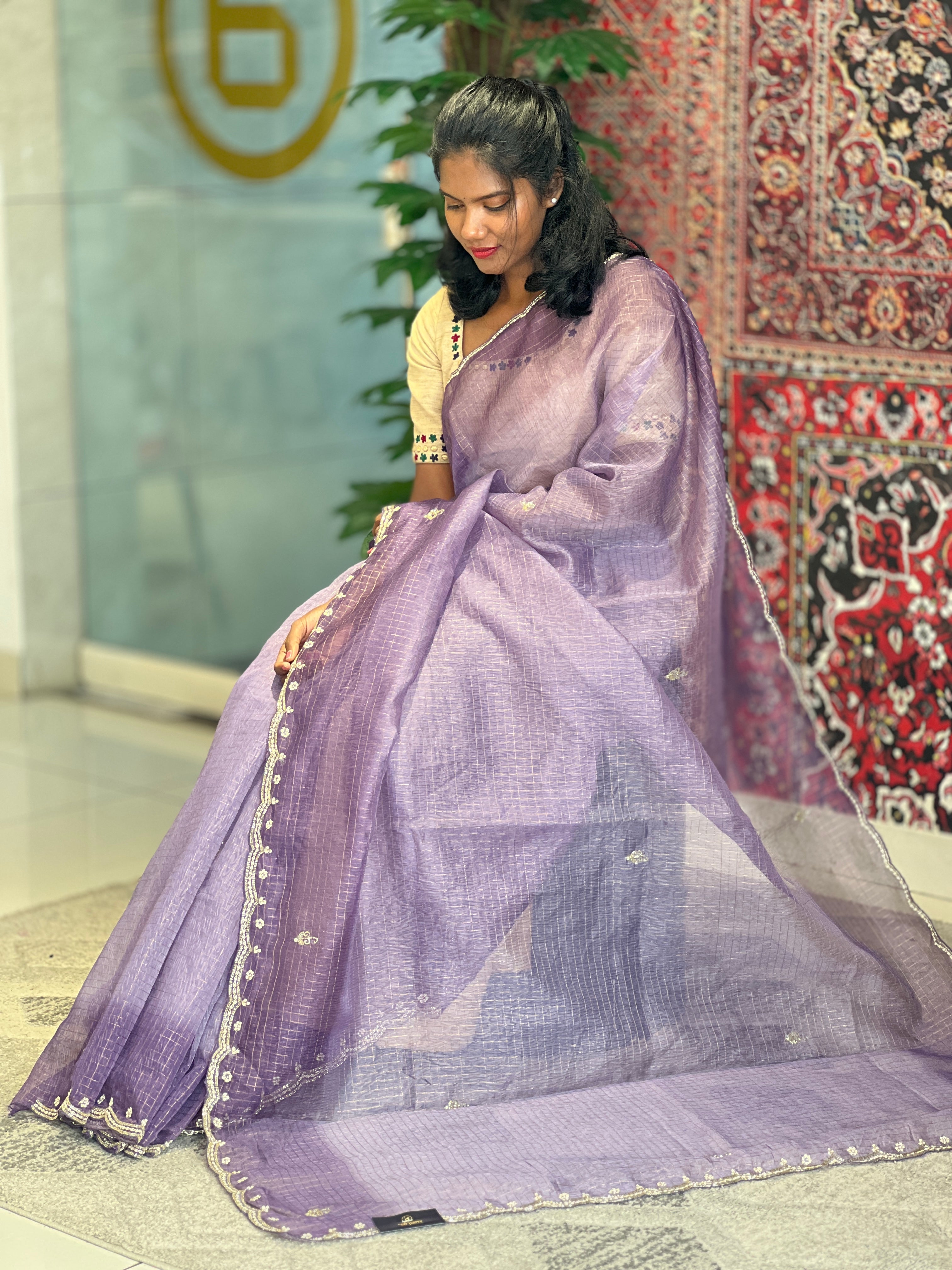 Golden Zari Weaving Check Pattern Crushed Organza Saree | DVS201