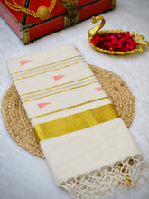 Handloom Golden Stripe Weaving Patterned Kerala Cotton Saree | KL400
