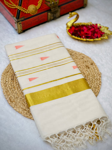 Handloom Golden Stripe Weaving Patterned Kerala Cotton Saree | KL400