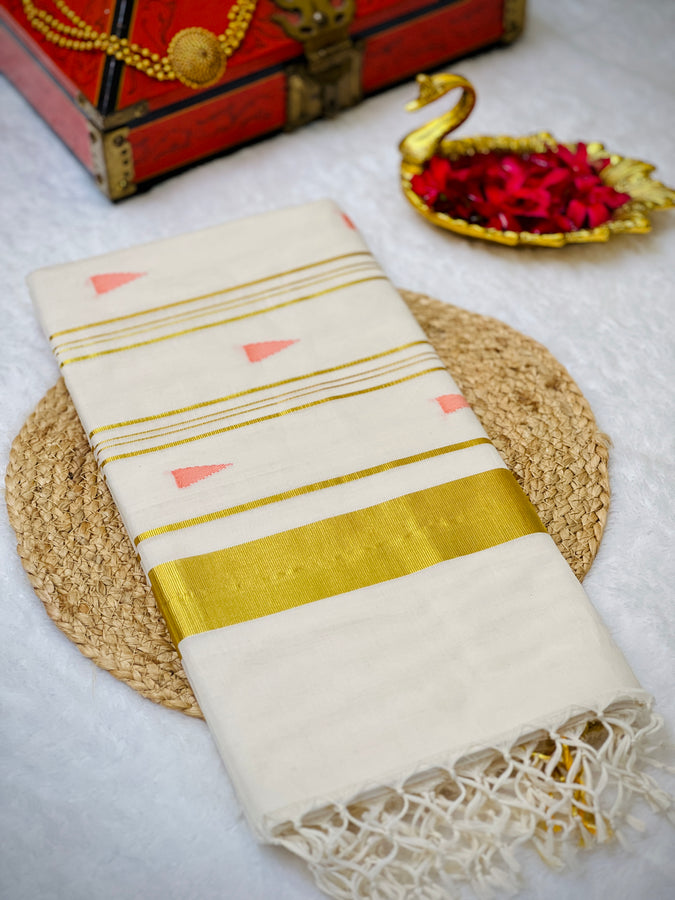 Handloom Golden Stripe Weaving Patterned Kerala Cotton Saree | KL400