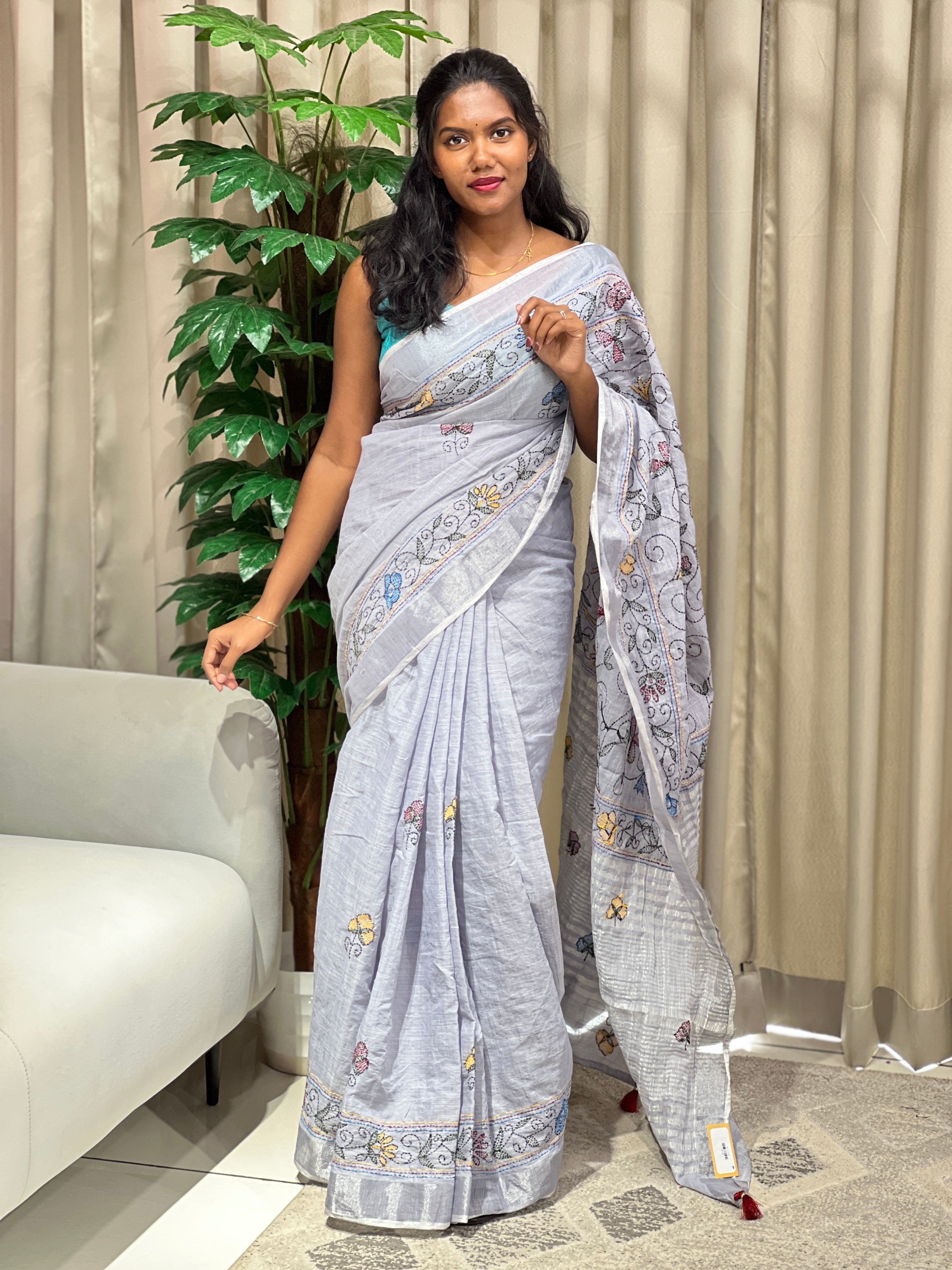 Kantha Embroidery Detailed Semi Linen Saree | RP789