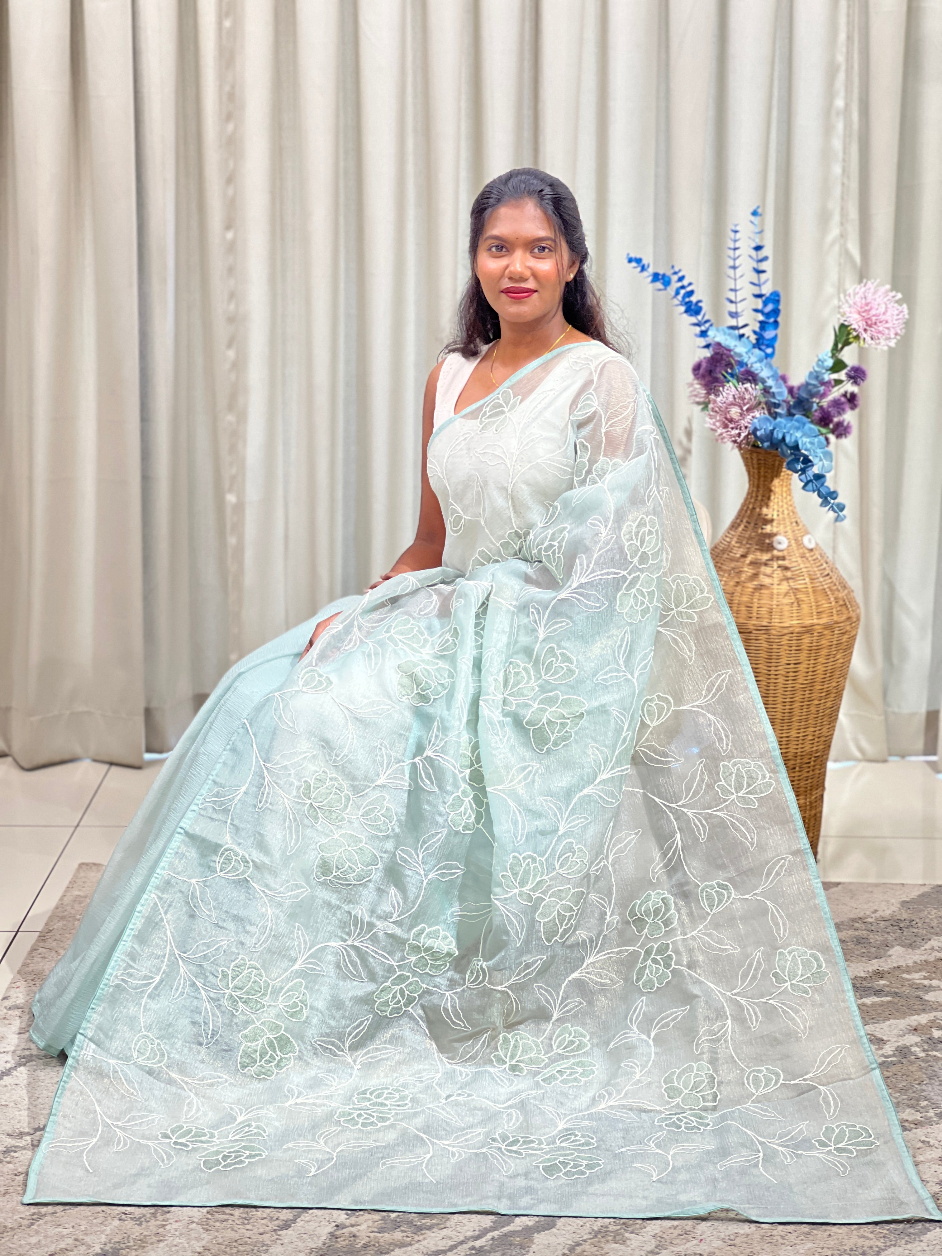 Floral Embroidery Pattern Curshed Organza Saree | YNG1803