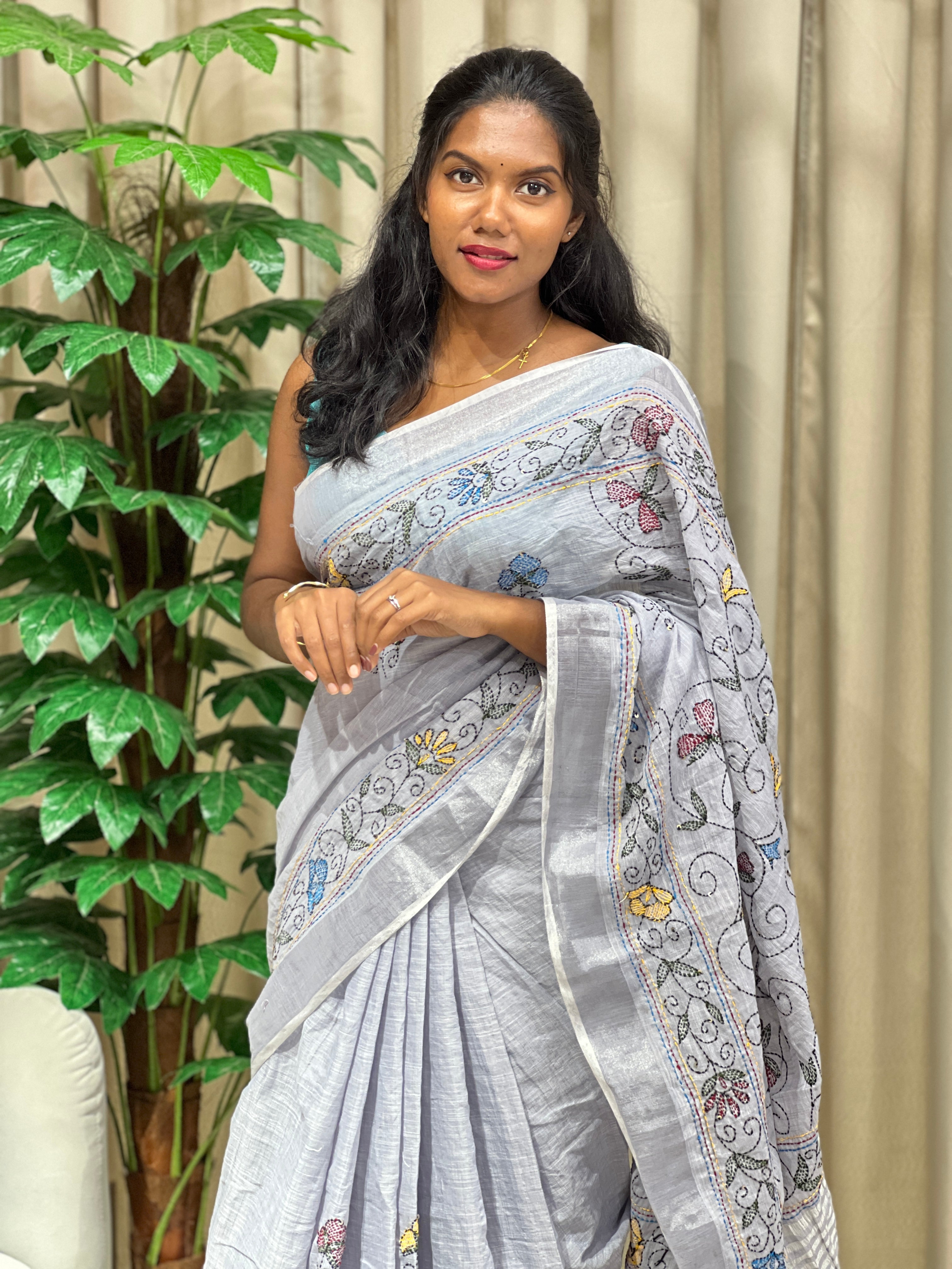 Kantha Embroidery Detailed Semi Linen Saree | RP789