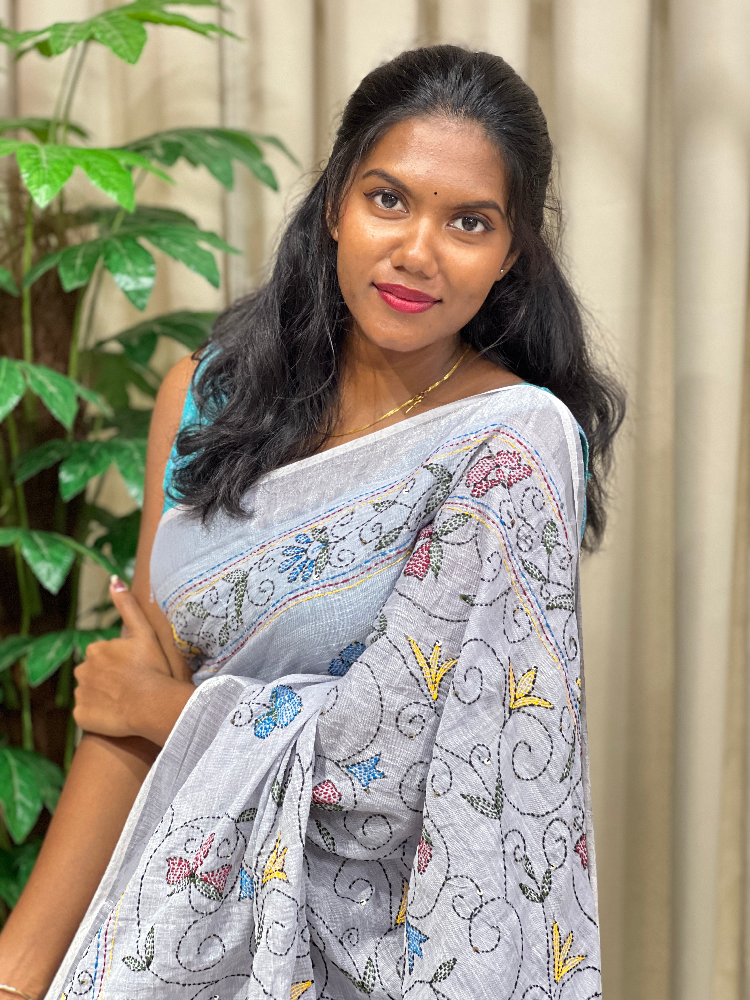 Kantha Embroidery Detailed Semi Linen Saree | RP789