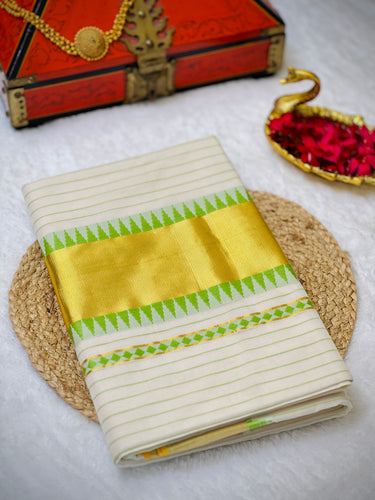 Stripe With Temple Weaving Patterned Handloom Kerala Cotton Saree | KL401