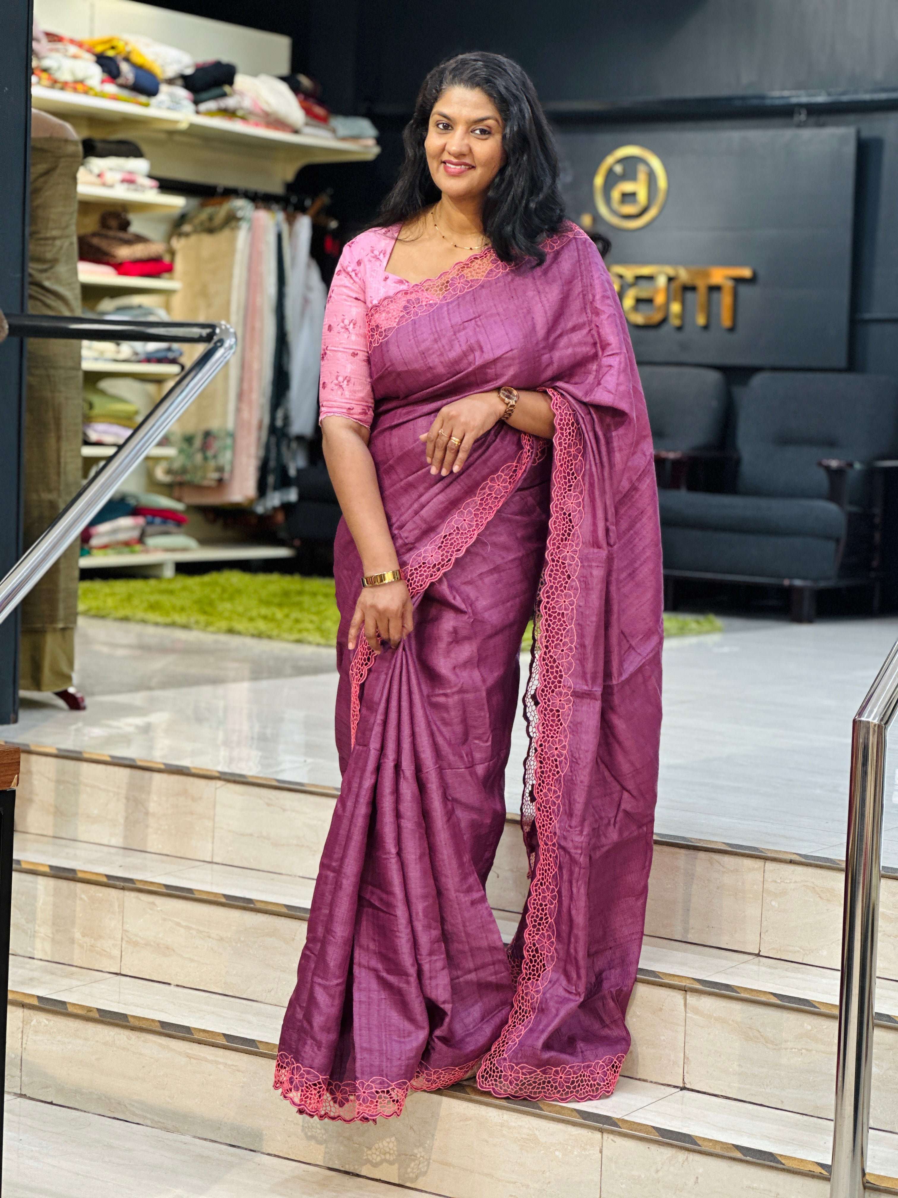 Floral Twine Cut Work Desi Tussar Saree | TC513