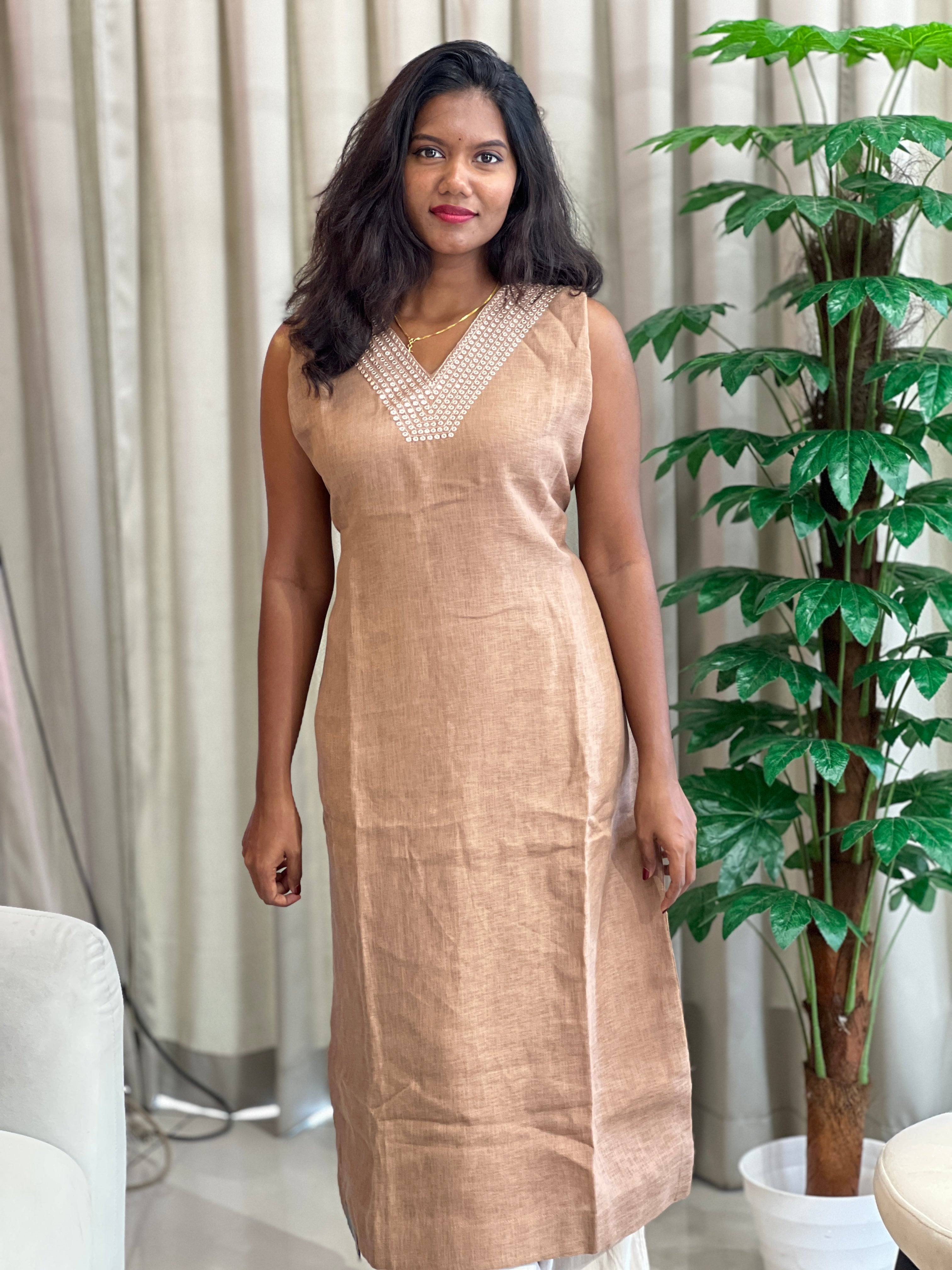 Mirror Work Detailed Slub Linen Cotton Kurta |NAI107