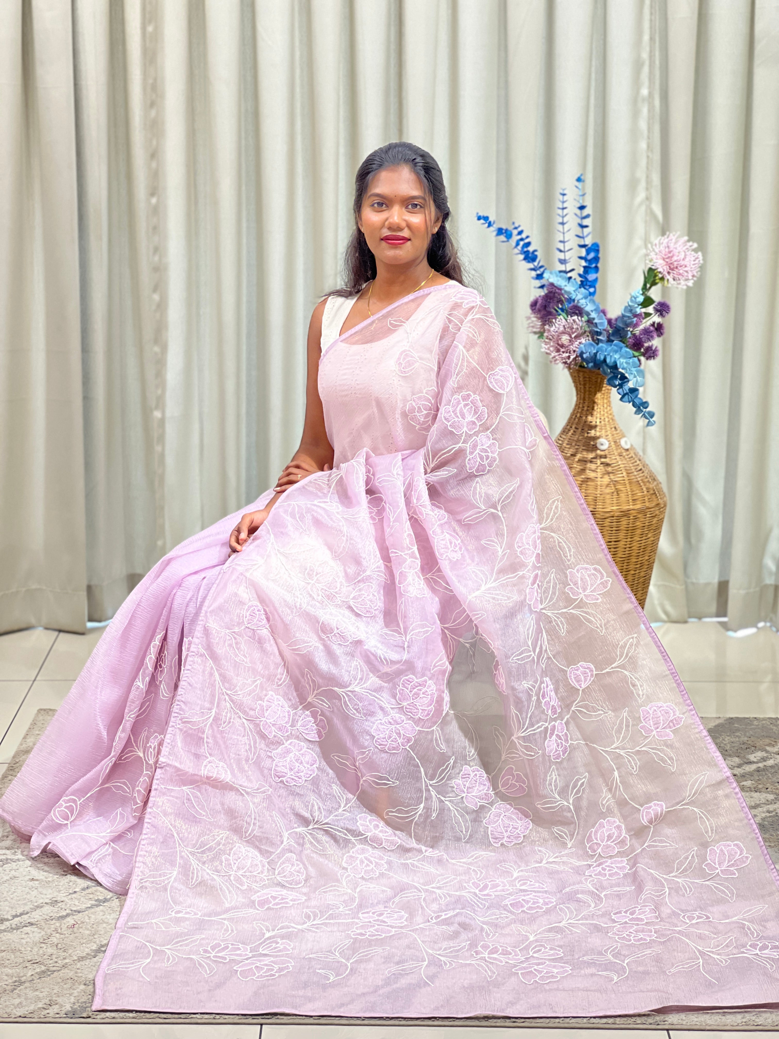 Floral Embroidery Pattern Curshed Organza Saree |  YNG1805