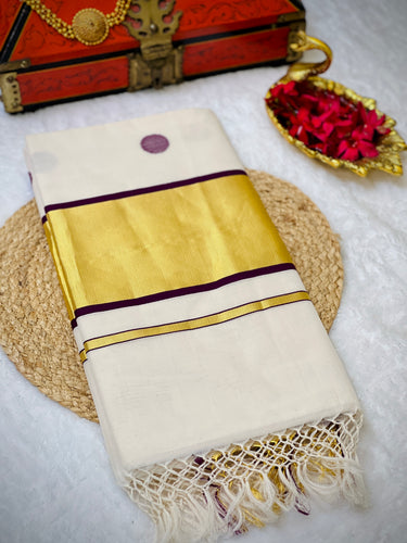 Golden Kasavu With Kara Detailed Kerala Cotton Saree | KL397