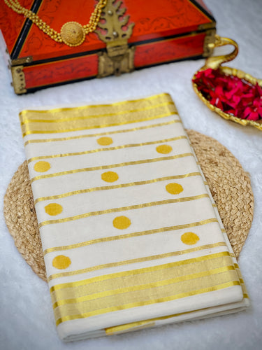 Coin & Stripe weaving Patterned Kerala Cotton Saree | KL396
