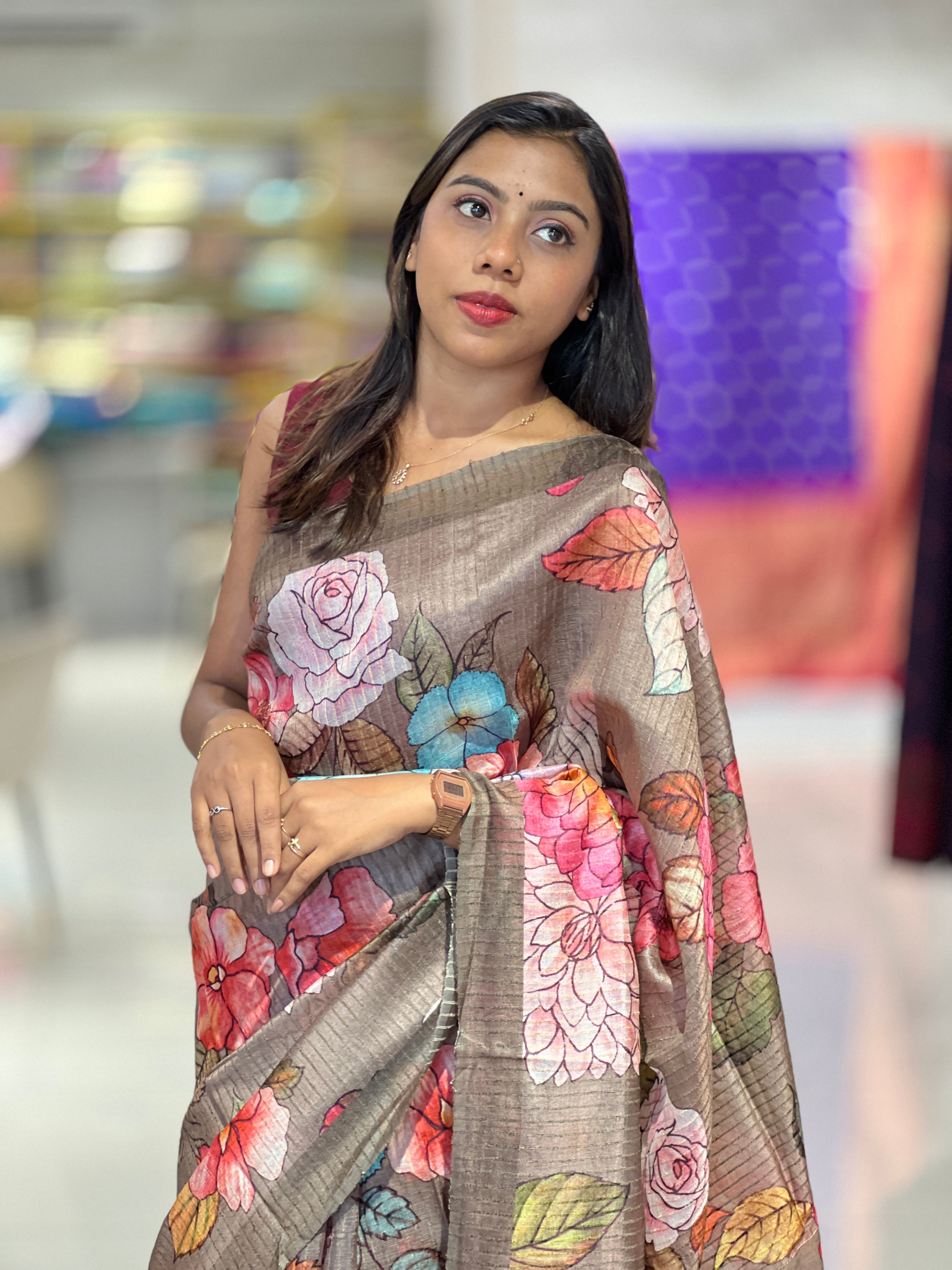 Floral Digital Print Detailed Tussar Saree | MR174