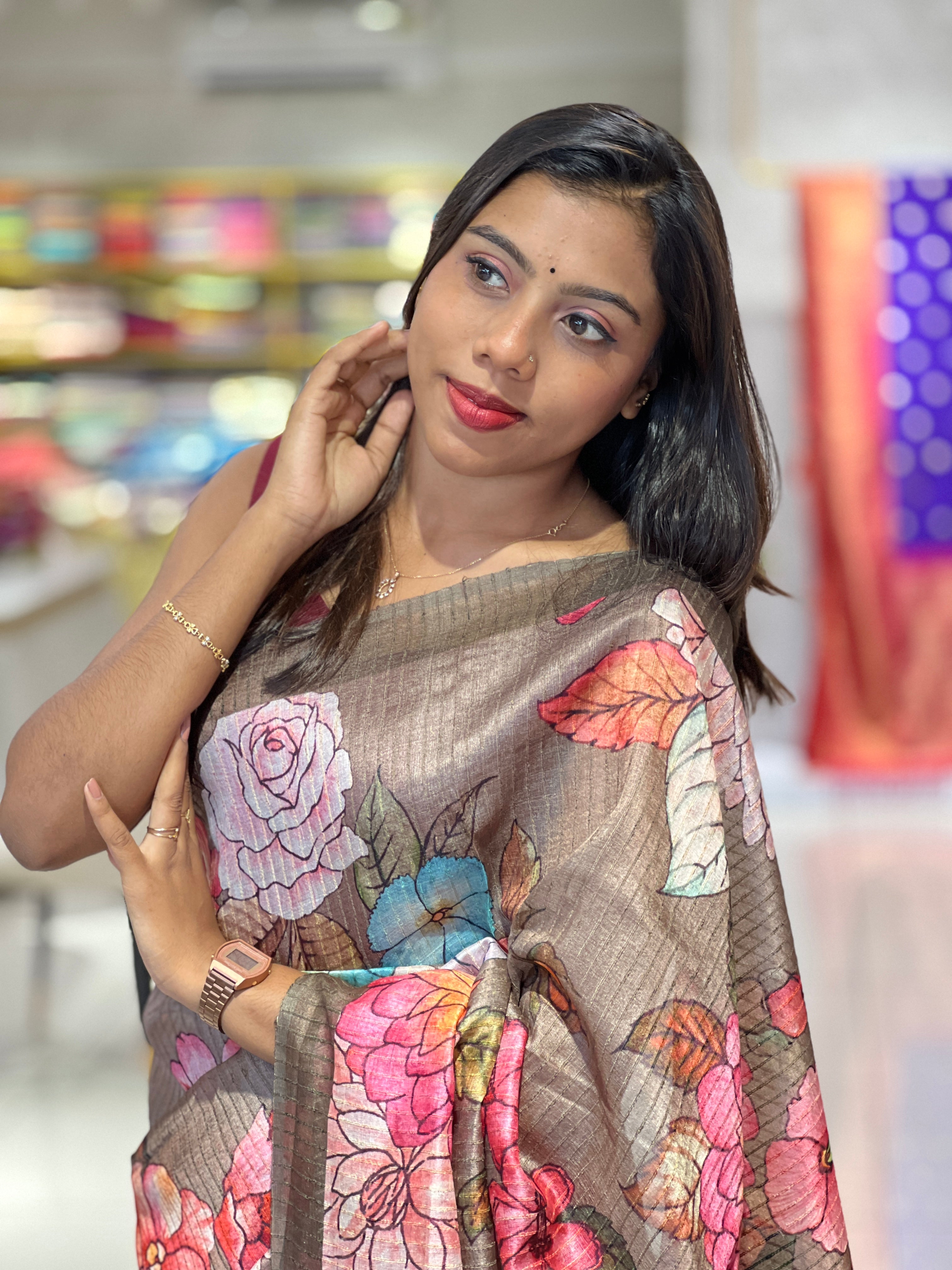 Floral Digital Print Detailed Tussar Saree | MR174