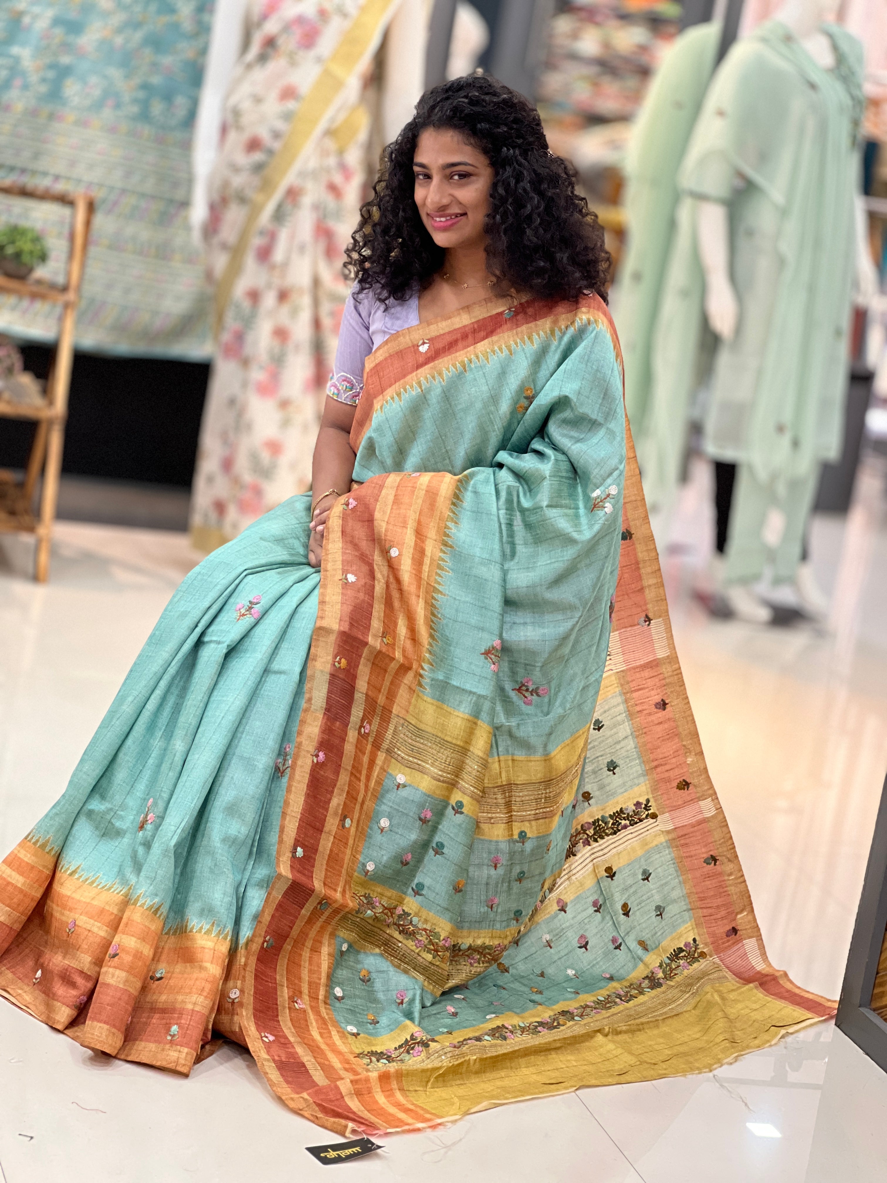 Hand Embroidery Tussar Finish Saree | BLD379