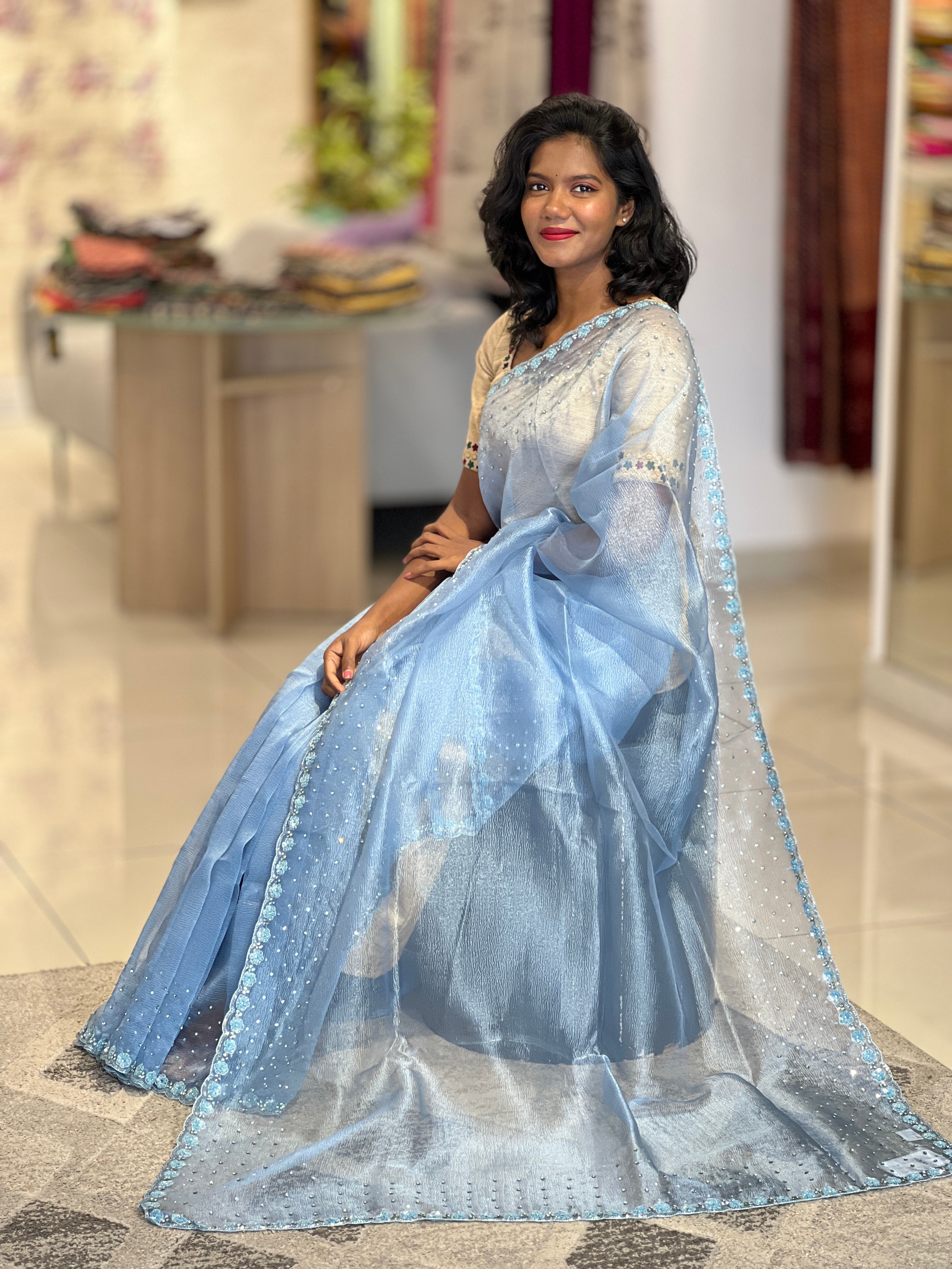 Embroidered Crushed Organza Saree | SBP698