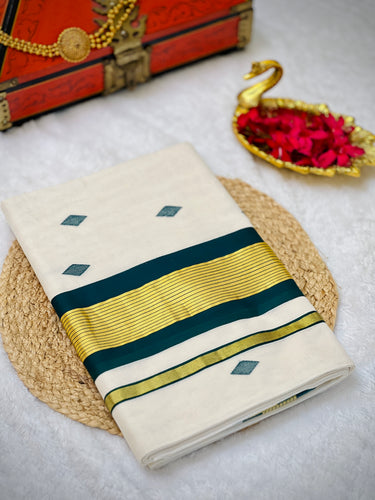 Handloom Golden Kasavu With Kara Detailed Kerala Cotton Saree | KL388