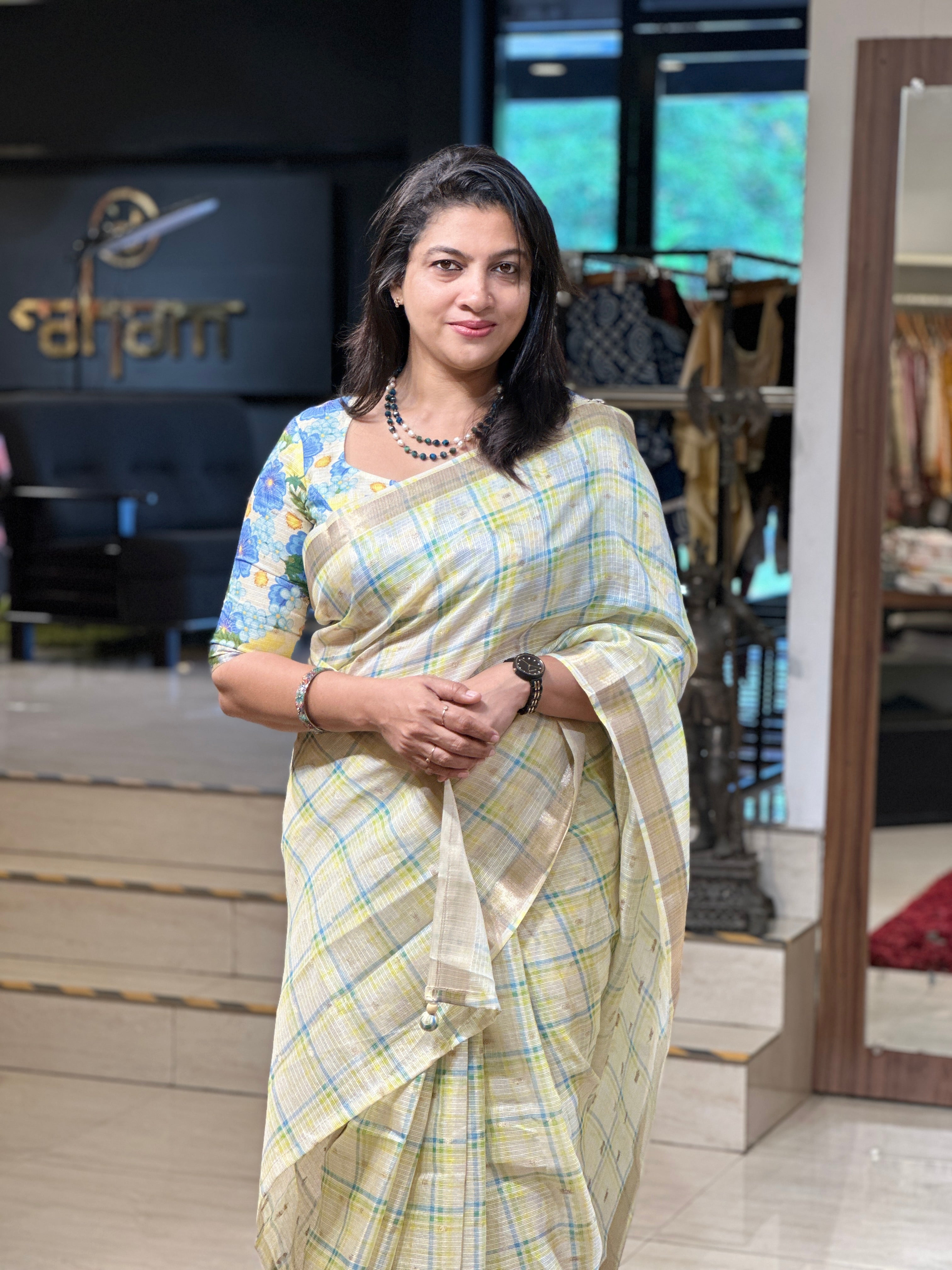 Check Patterned Silky Kota Saree | HT280