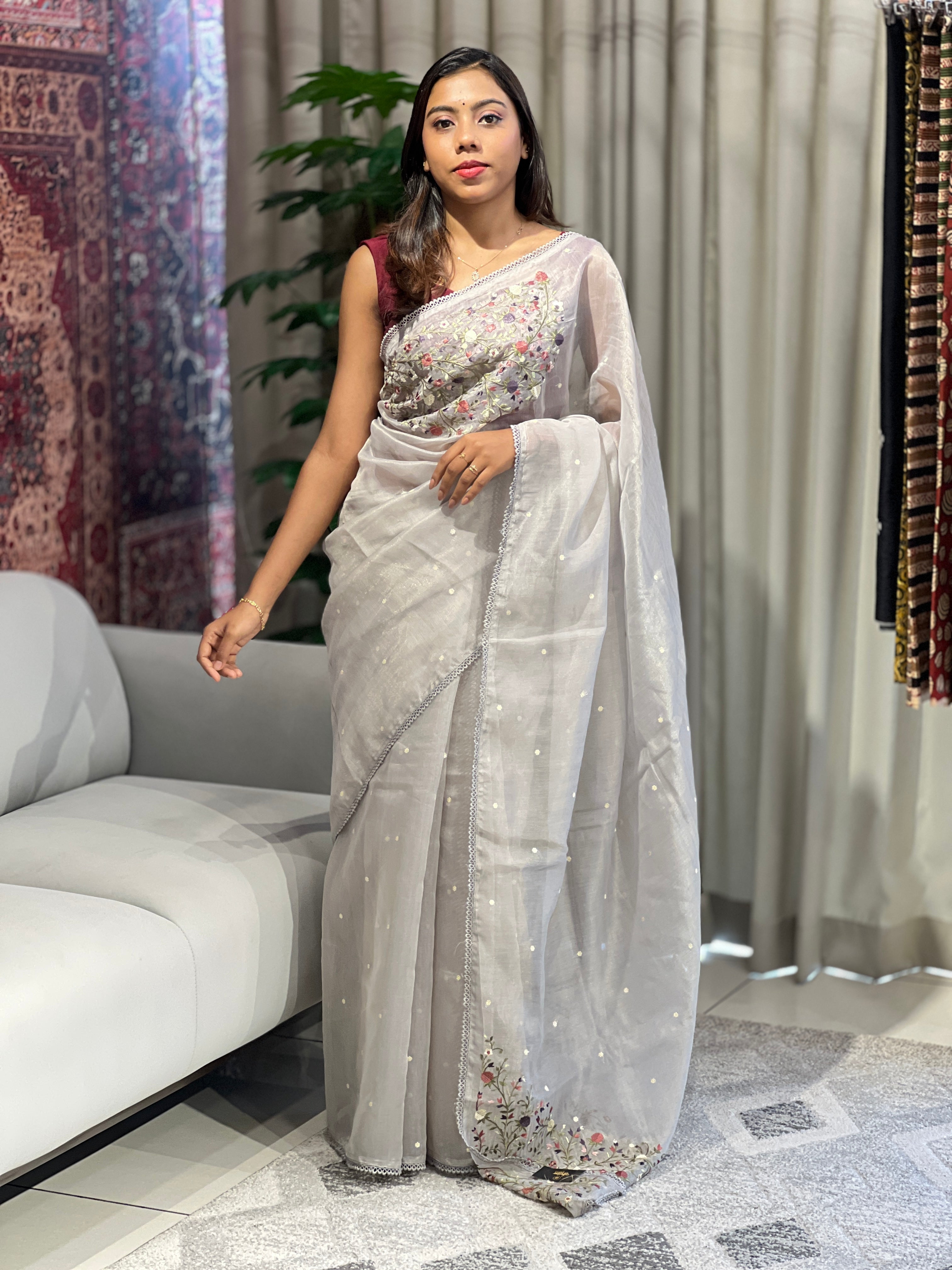 Placement Embroidery Detailed Tissue Saree | SUN515