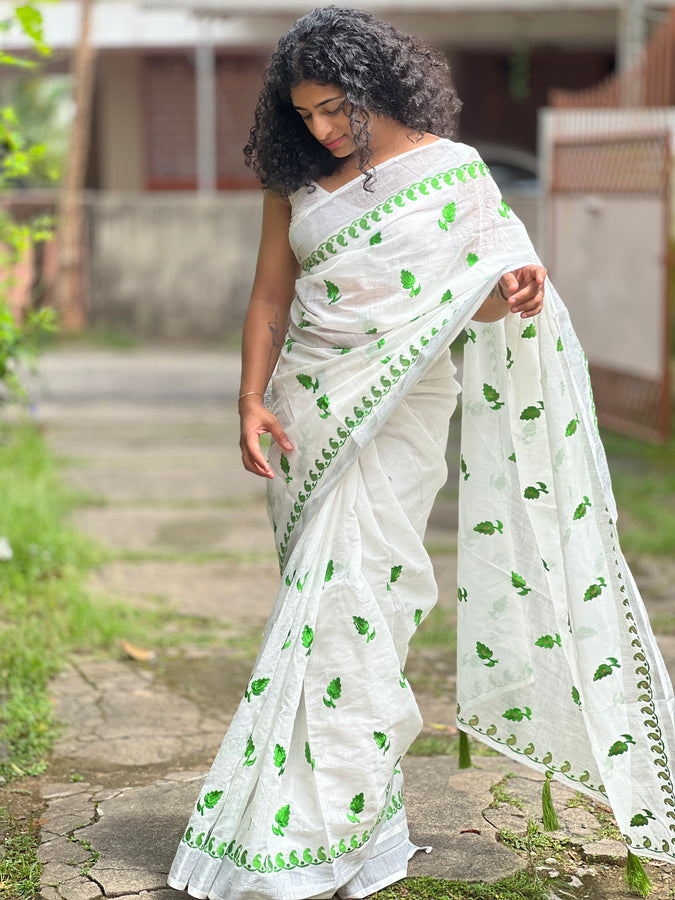 Leaf Pattern Embroidery Linen Saree | RP362