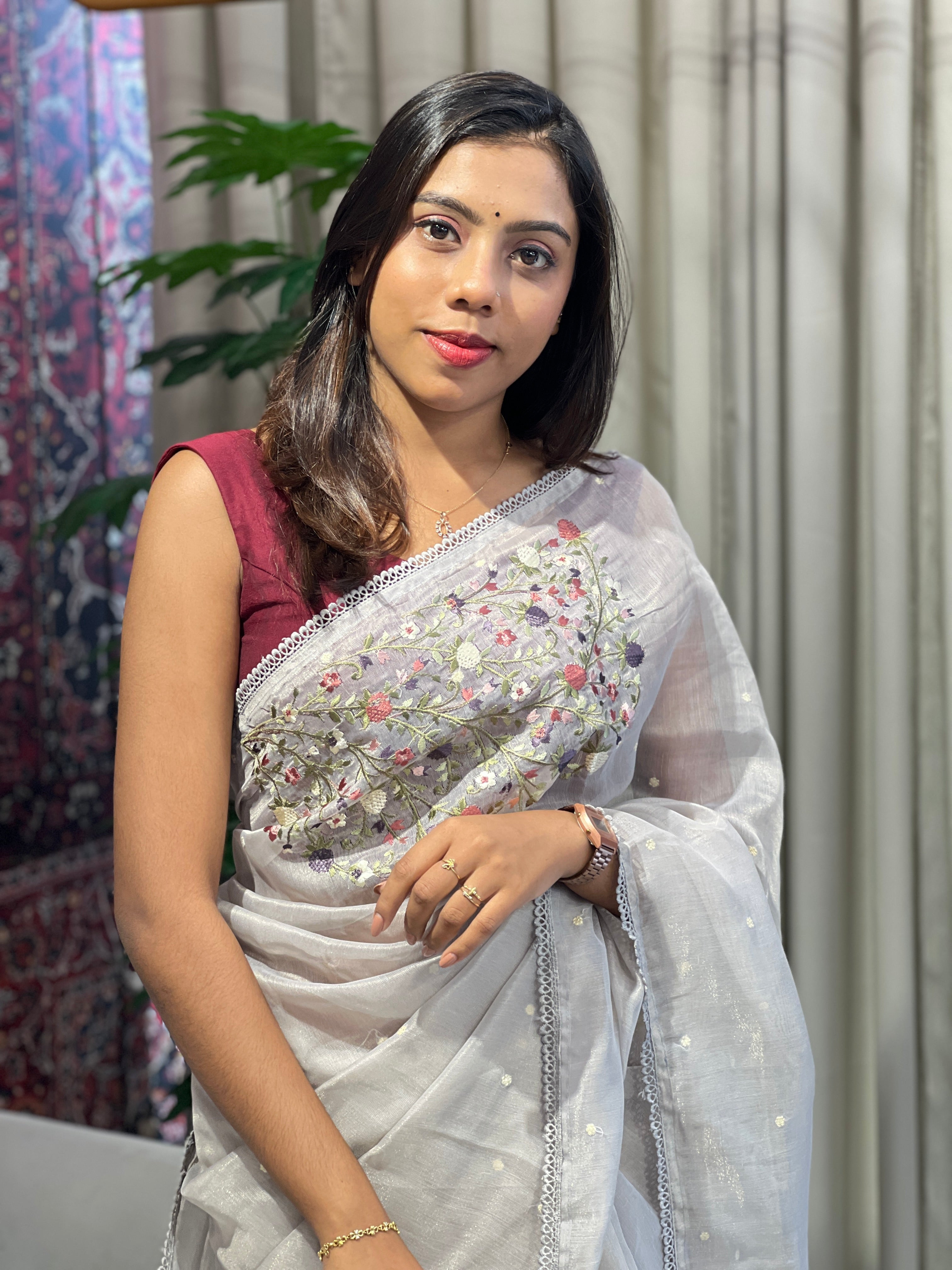 Placement Embroidery Detailed Tissue Saree | SUN515
