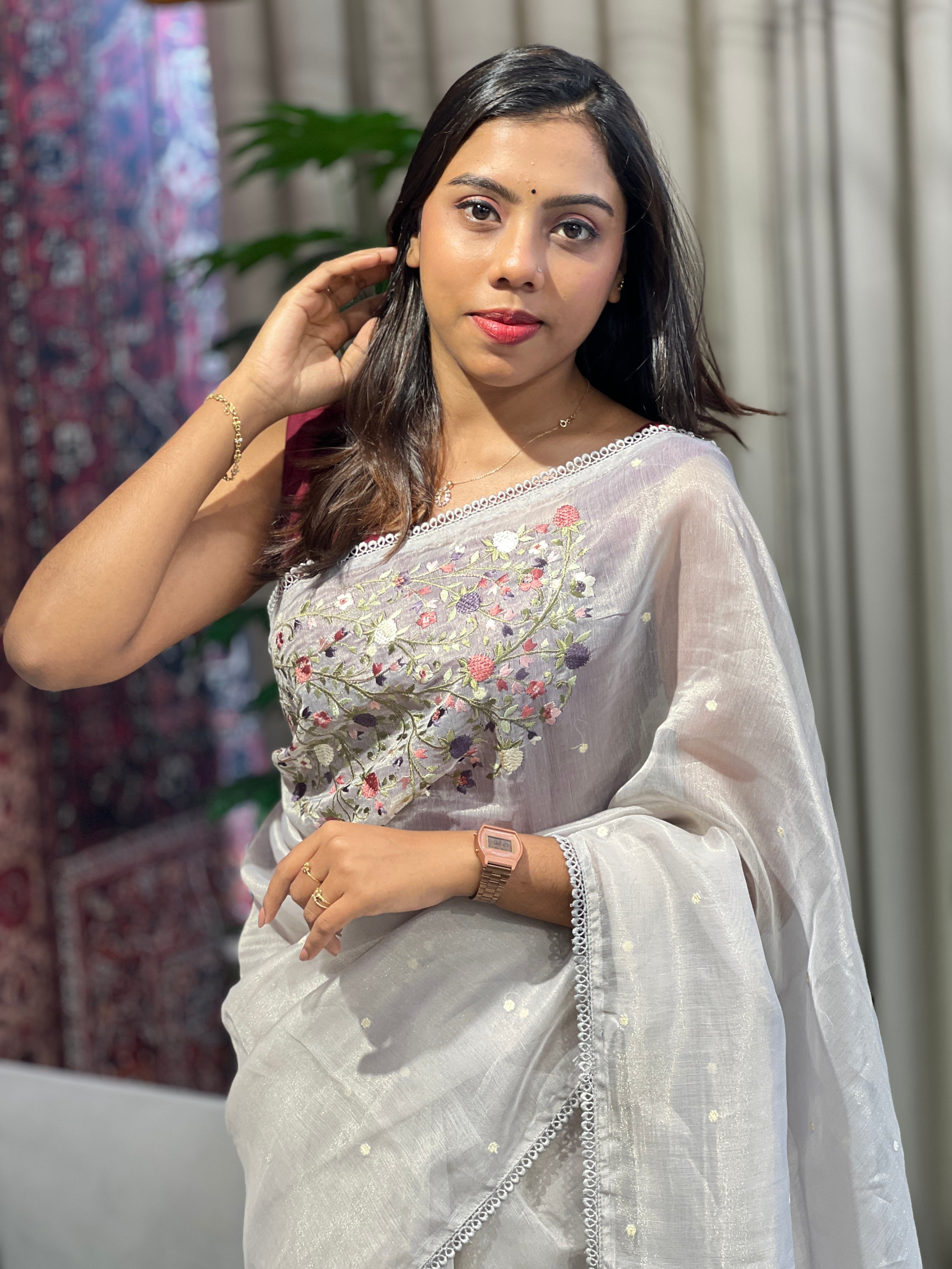 Placement Embroidery Detailed Tissue Saree | SUN515