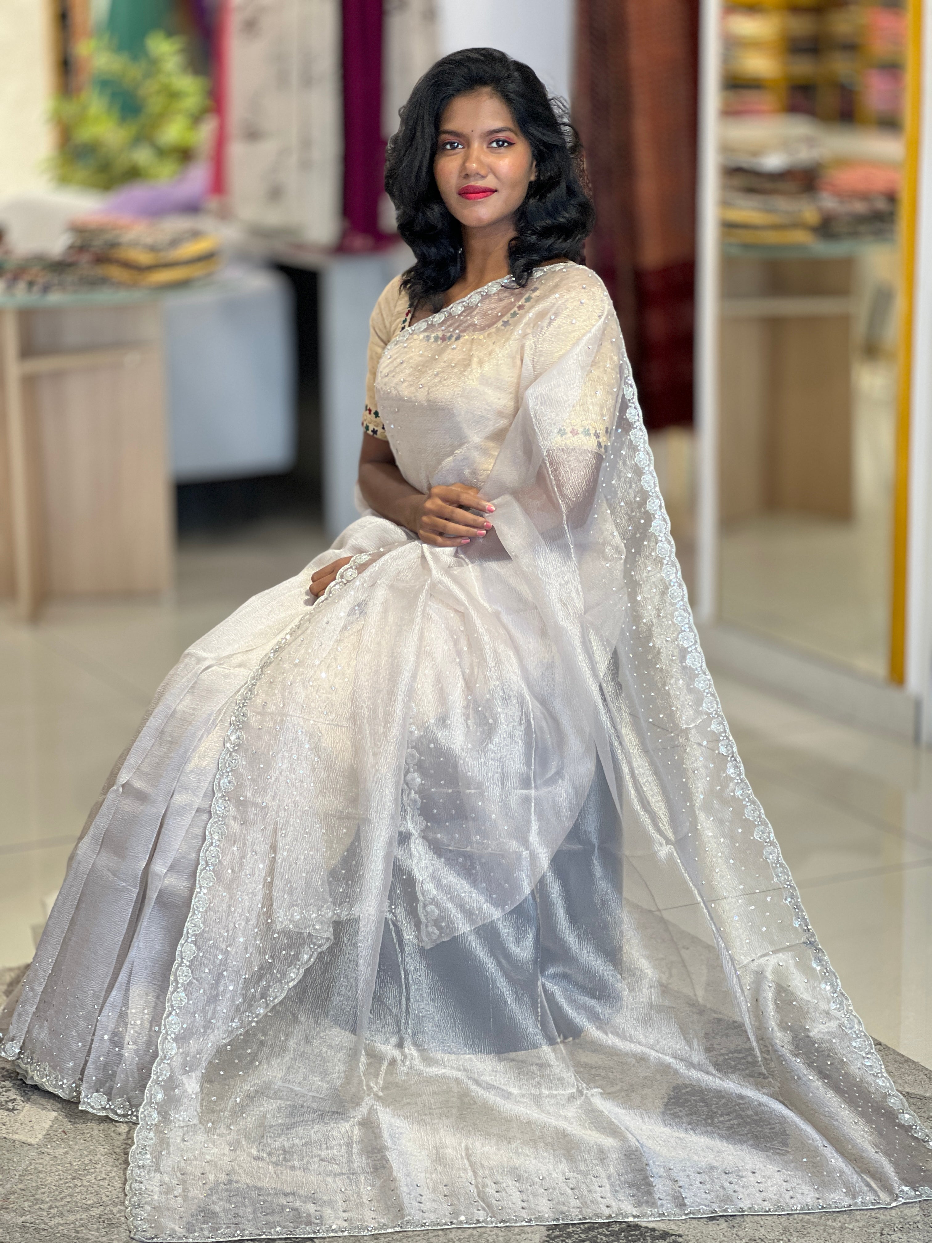 Embroidered Crushed Organza Saree  | SBP699