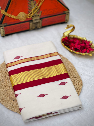 Handloom Golden Kasavu With Kara Detailed Kerala Cotton Saree | KL387